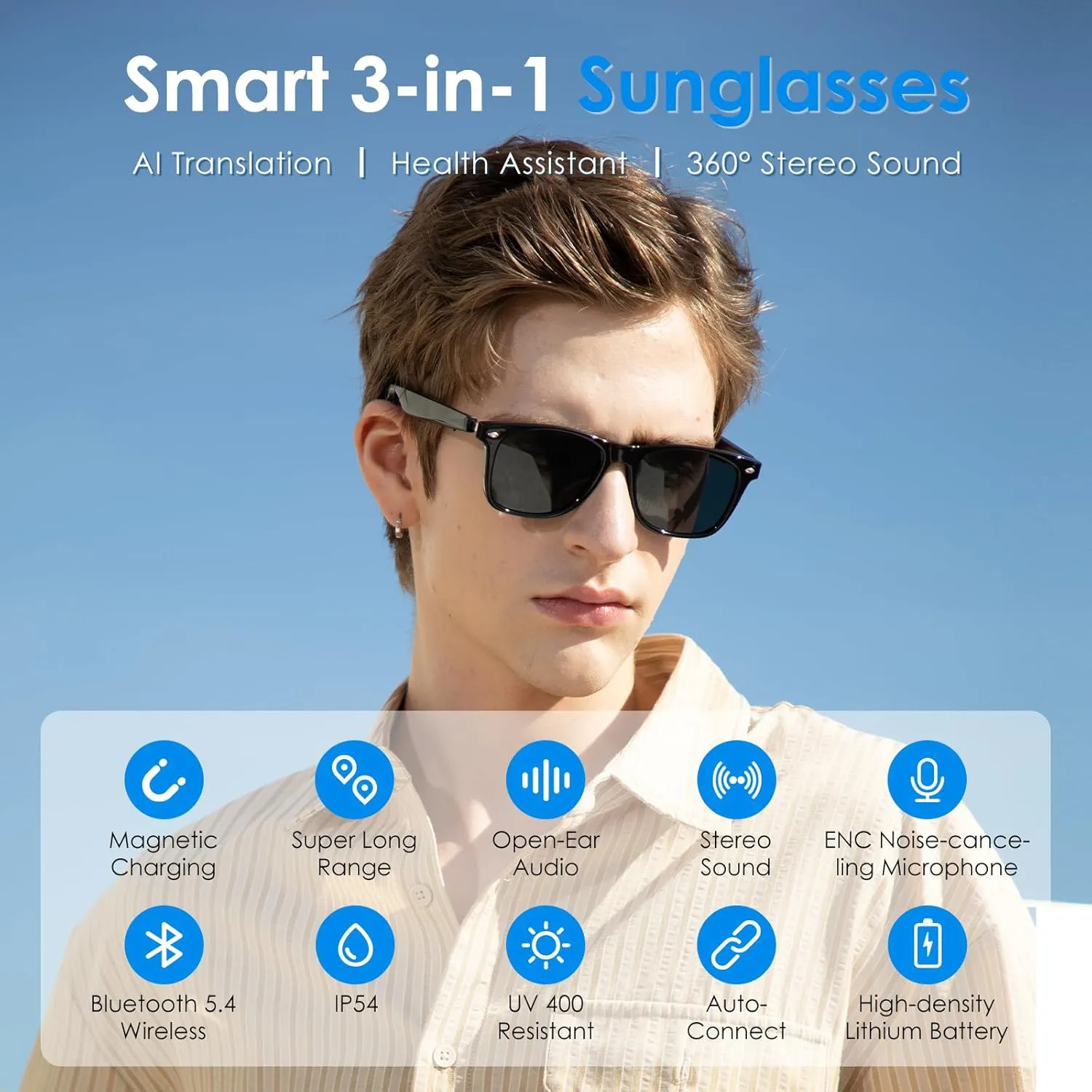 Bluetooth Sunglasses for Men/Women, AI Translator, 11H Battery Life, Polarized Lens, UV Protection, Voice Control, Built-in Mic & Speakers, Smart Eyewear for Gaming Meeting Travel