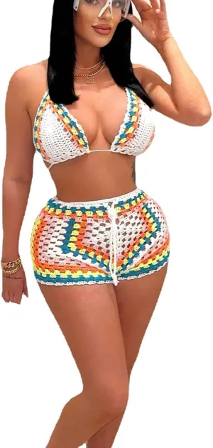 Bluewolfsea Women Sexy Beach Coverups Summer 2 Piece Outfits Crochet Mesh Fishnet Bikini Top and Maxi Skirt Set