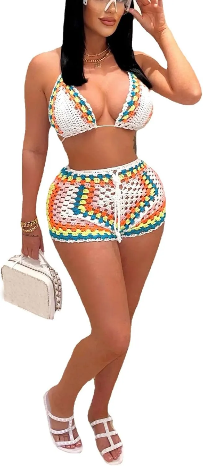 Bluewolfsea Women Sexy Beach Coverups Summer 2 Piece Outfits Crochet Mesh Fishnet Bikini Top and Maxi Skirt Set