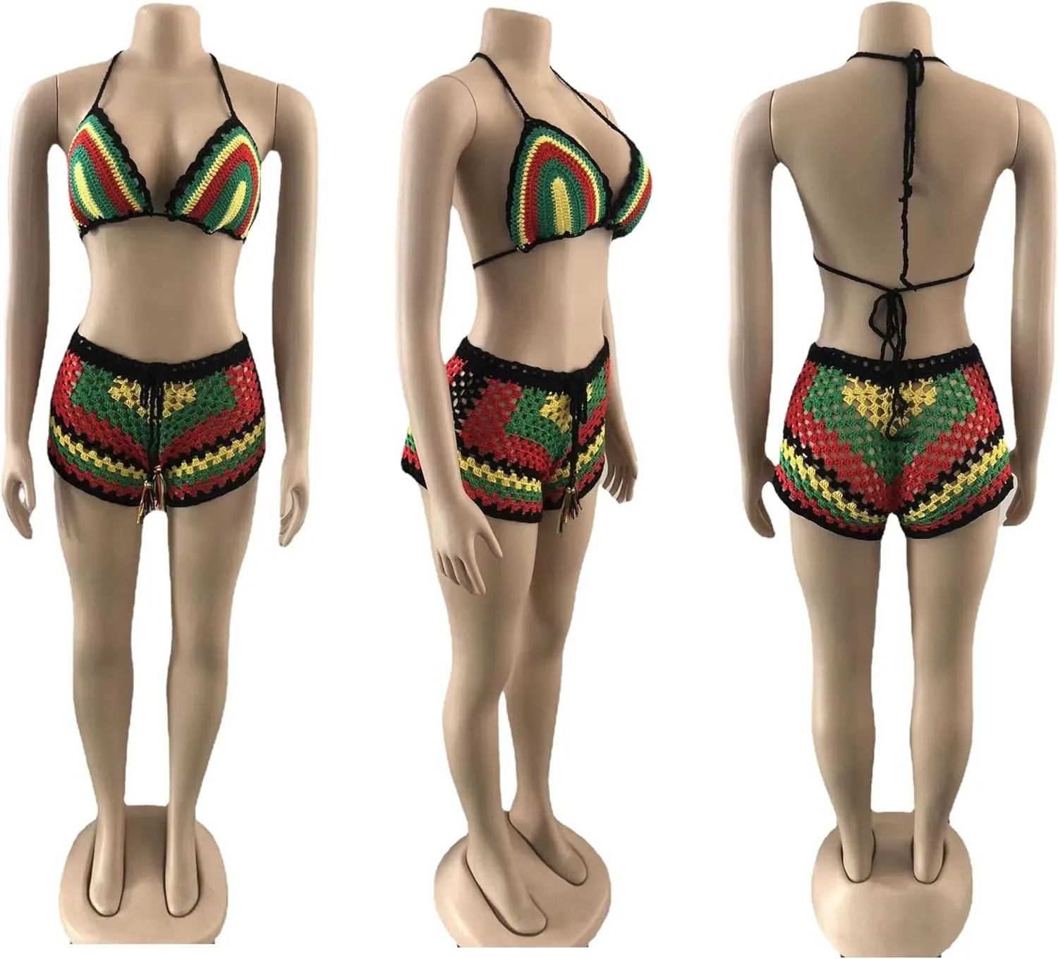 Bluewolfsea Women Sexy Beach Coverups Summer 2 Piece Outfits Crochet Mesh Fishnet Bikini Top and Maxi Skirt Set