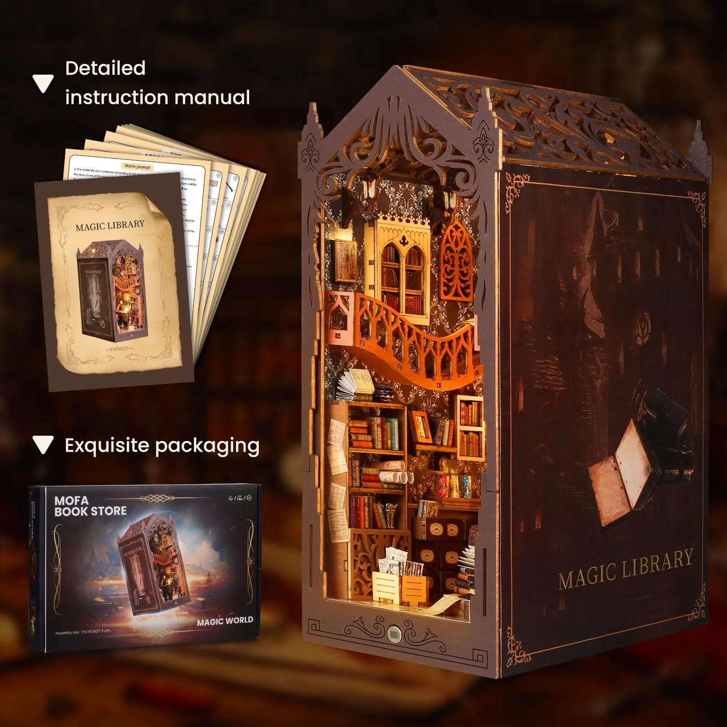Book Nook Kit, DIY Magic Dollhouse, Booknook, Miniature House Kit, 3D Puzzle Wooden, LED Lights, Decoration Gift, Booknook Book Shelf Decoration Gift