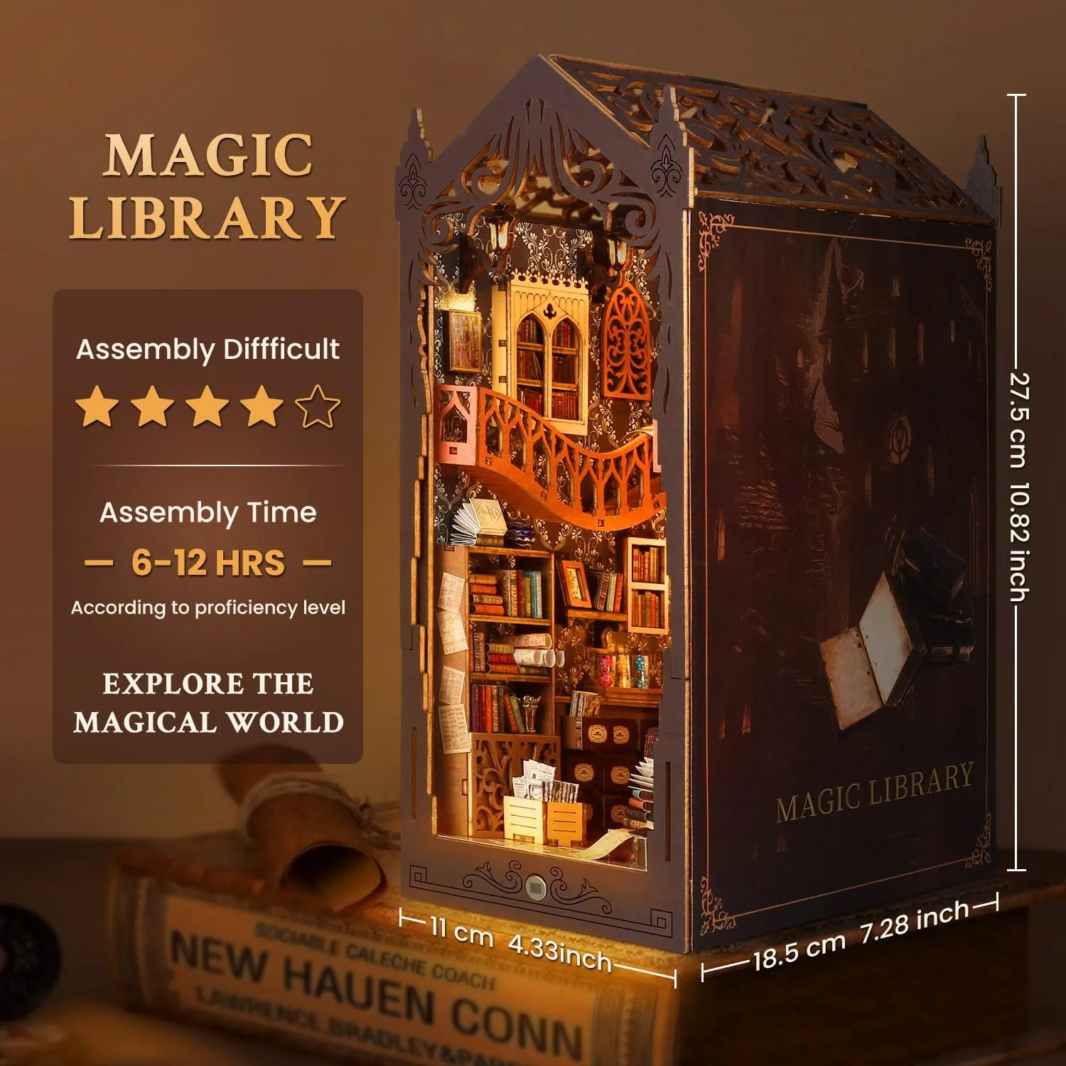 Book Nook Kit, DIY Magic Dollhouse, Booknook, Miniature House Kit, 3D Puzzle Wooden, LED Lights, Decoration Gift, Booknook Book Shelf Decoration Gift