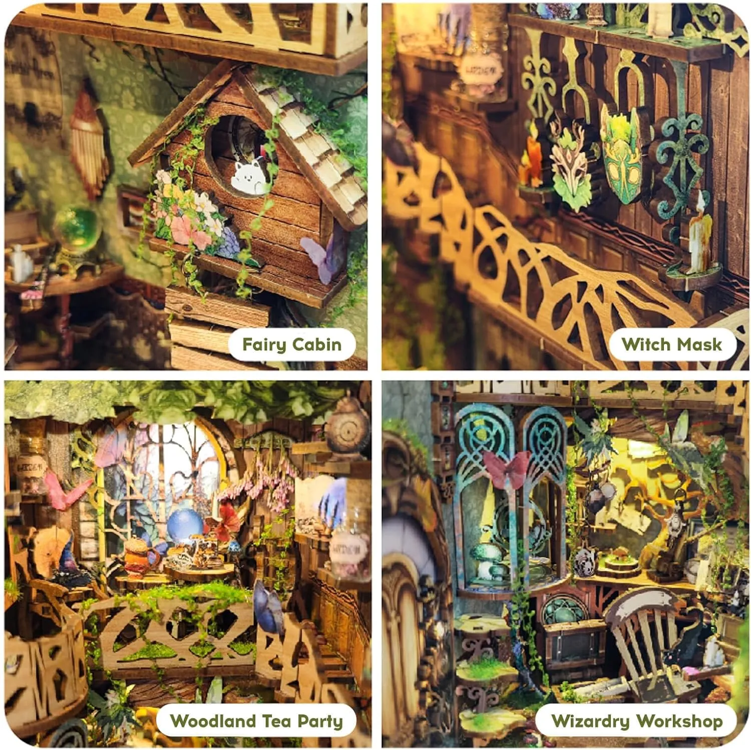 Book Nook Kit for Adult, Booknook with Dust Cover. DIY Miniature Dollhouse 3D Wooden Puzzle Bookend with LED for Bookshelf Insert Decor, Creative Gift for Teens and Adults (Green Fairyland)
