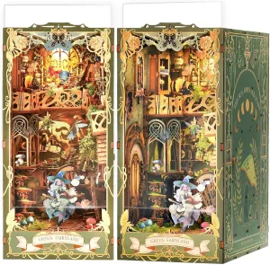 Book Nook Kit for Adult, Booknook with Dust Cover. DIY Miniature Dollhouse 3D Wooden Puzzle Bookend with LED for Bookshelf Insert Decor, Creative Gift for Teens and Adults (Green Fairyland)