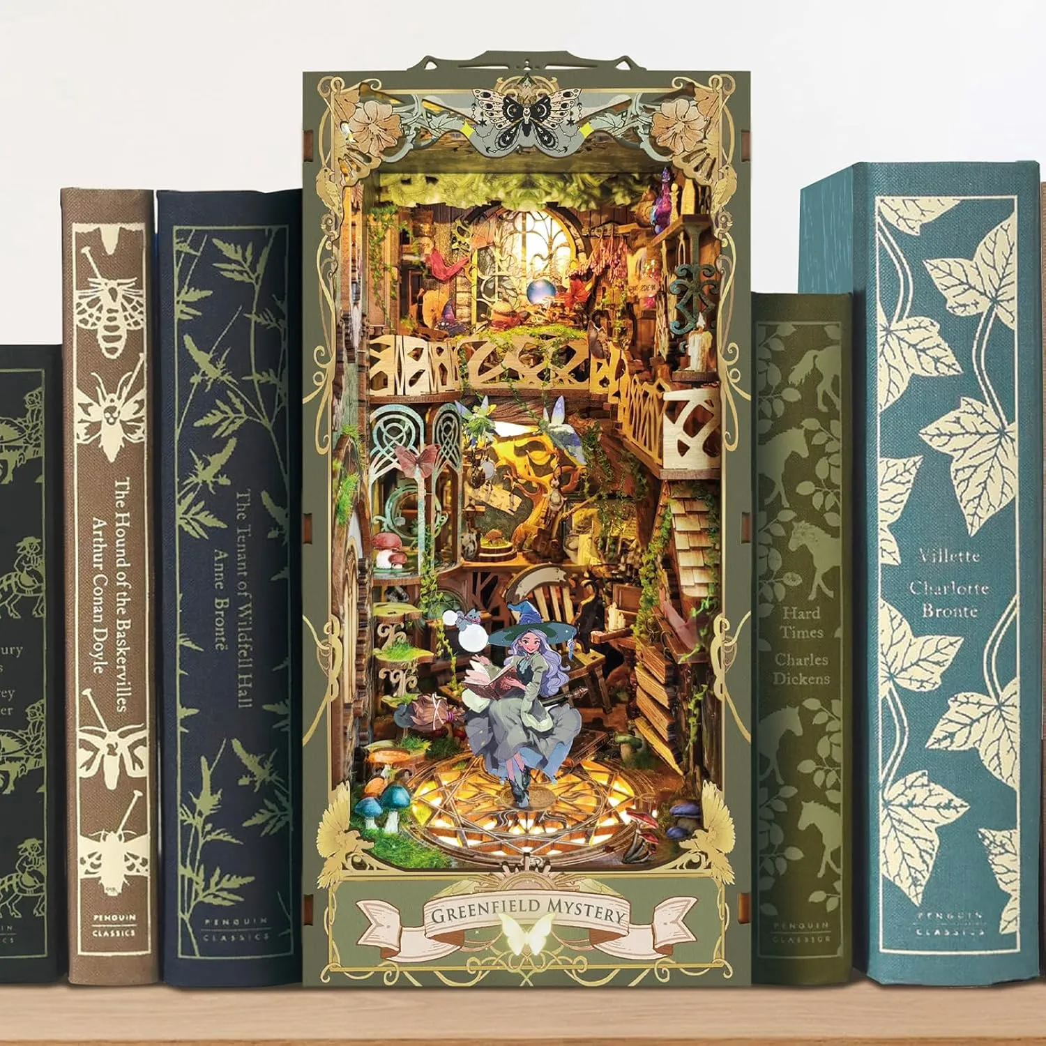 Book Nook Kit for Adult, Booknook with Dust Cover. DIY Miniature Dollhouse 3D Wooden Puzzle Bookend with LED for Bookshelf Insert Decor, Creative Gift for Teens and Adults (Green Fairyland)