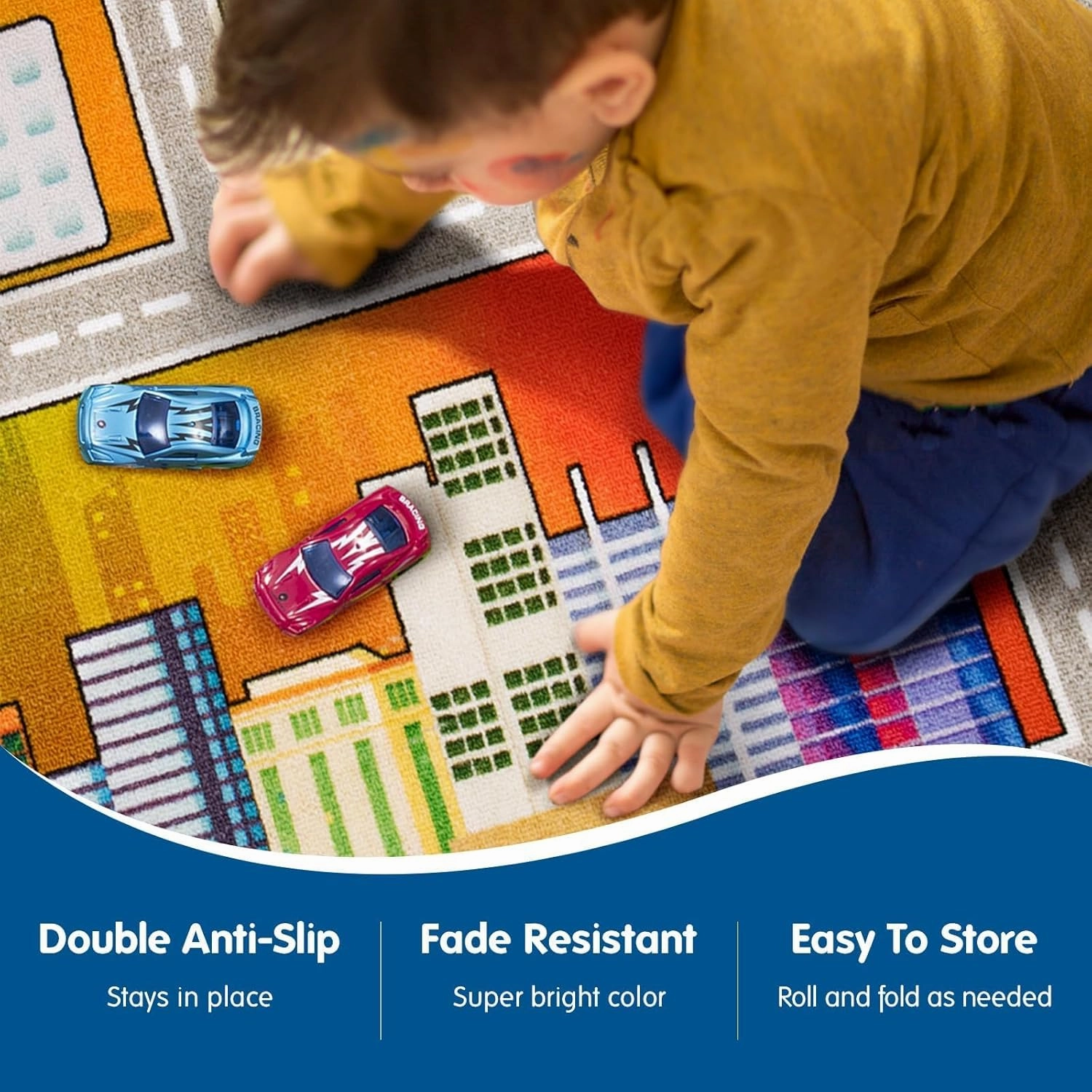 Booom Jackson Kids Rug - 4.9x6.6ft Colorful Non-Slip Traffic Playmat for Playroom & Classroom - Blue Race Track Mat