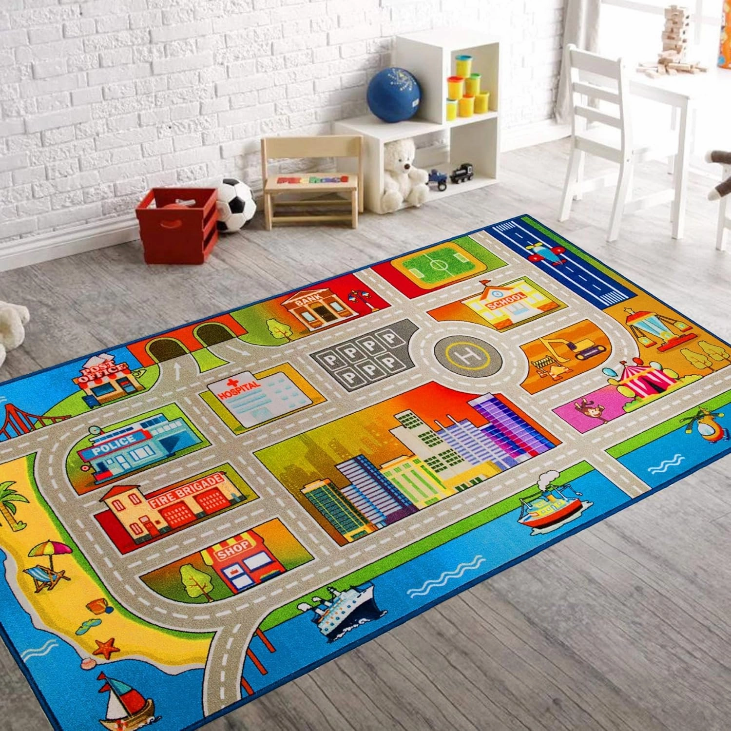 Booom Jackson Kids Rug - 4.9x6.6ft Colorful Non-Slip Traffic Playmat for Playroom & Classroom - Blue Race Track Mat