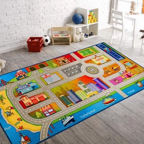 Booom Jackson Kids Rug - 4.9x6.6ft Colorful Non-Slip Traffic Playmat for Playroom & Classroom - Blue Race Track Mat