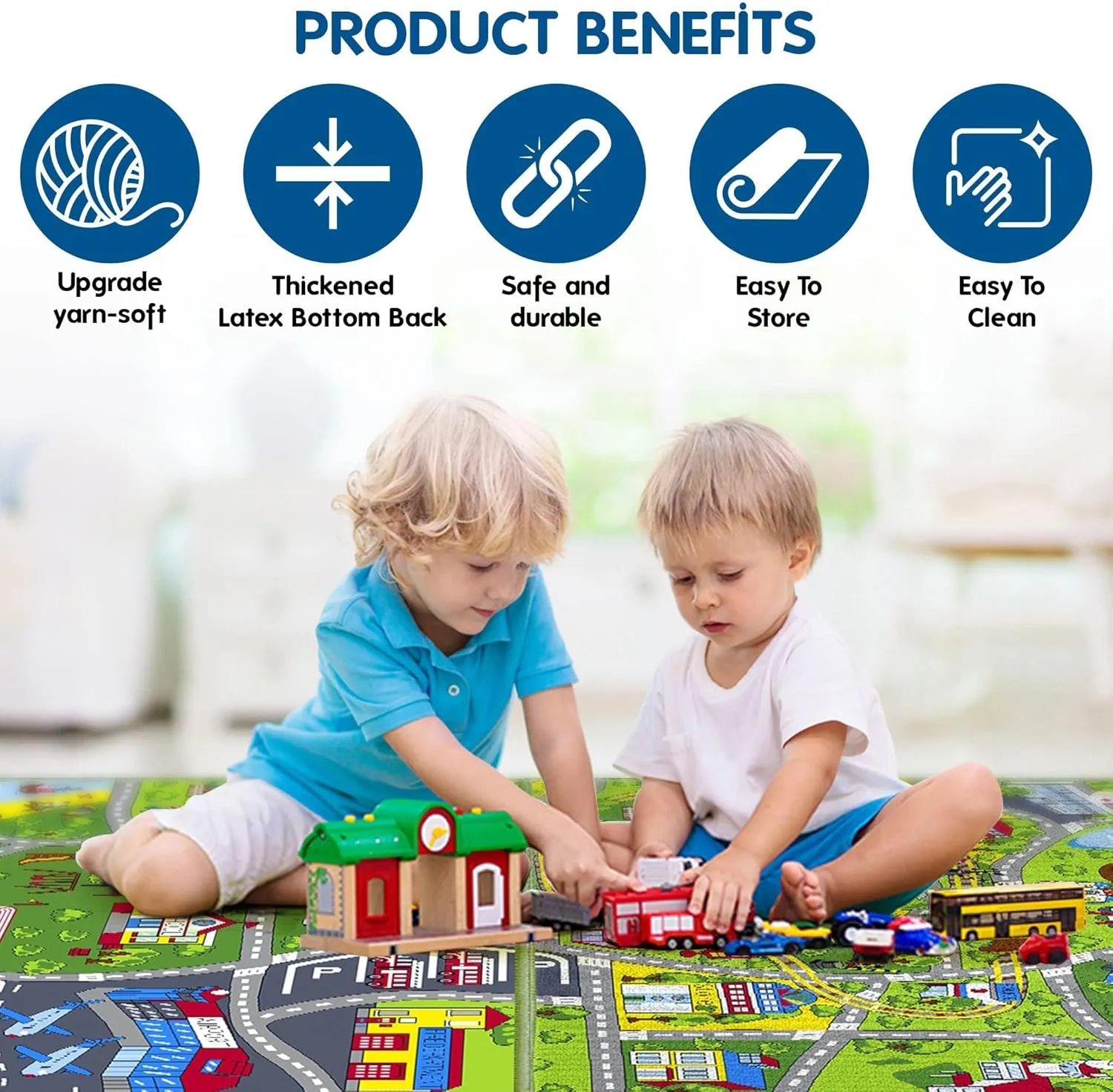 Booooom Jackson Pack 2 Train Car Rugs for Toy Cars,Car Mat,Road Rug,Kids Car Carpet Playmat Rug,Kids Car Rug Play Mat,Fun Car Play Area Rug,Non Slip Kids Car Play Rug for Playroom Bedroom