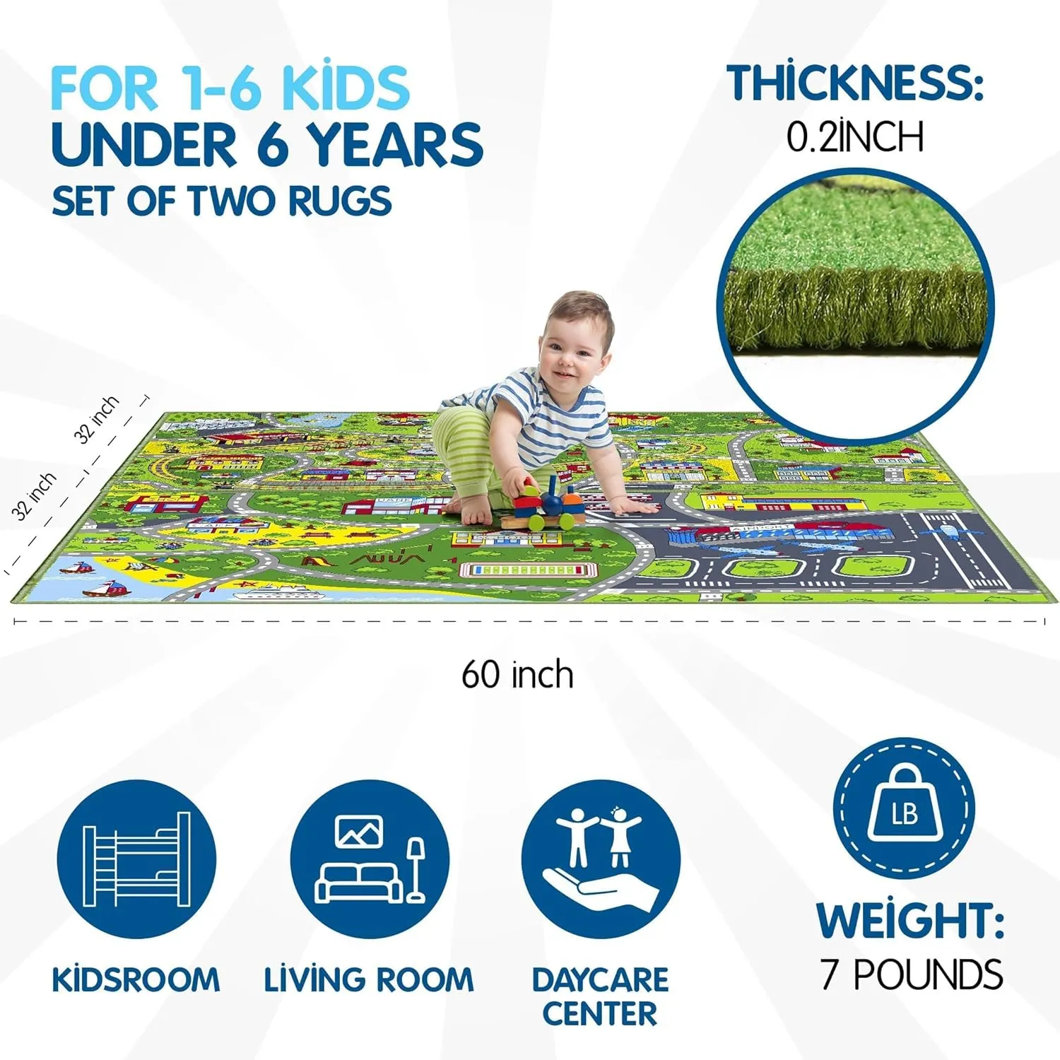 Booooom Jackson Pack 2 Train Car Rugs for Toy Cars,Car Mat,Road Rug,Kids Car Carpet Playmat Rug,Kids Car Rug Play Mat,Fun Car Play Area Rug,Non Slip Kids Car Play Rug for Playroom Bedroom