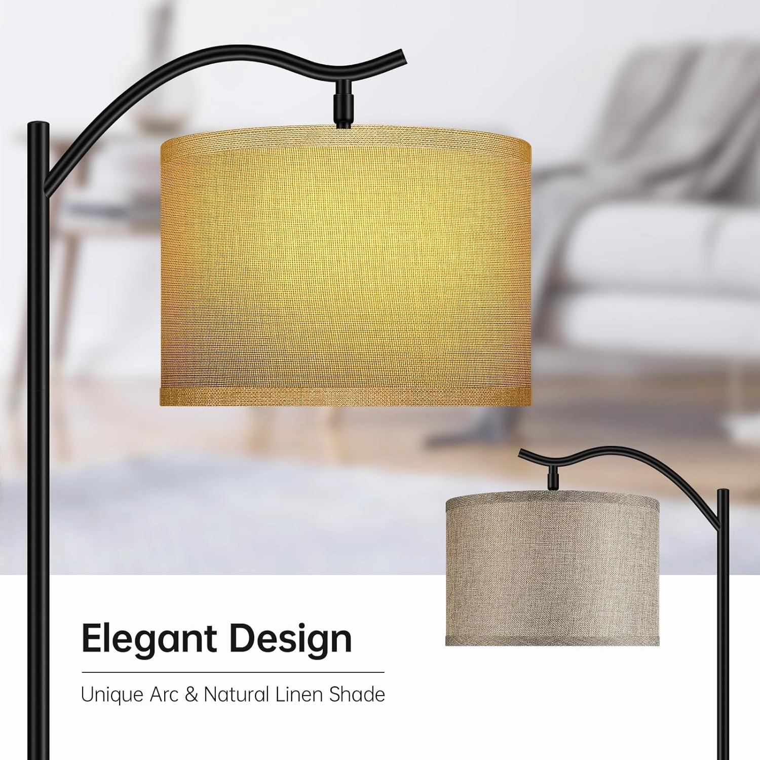 BoostArea Floor Lamp for Living Room,9W LED Arched Lamp,Tall Modern Standing with Fabric Linen Shade,3 Brightness Levels,E26 Socket,Footswitch,Mid Century Bedrooms,Office B1316