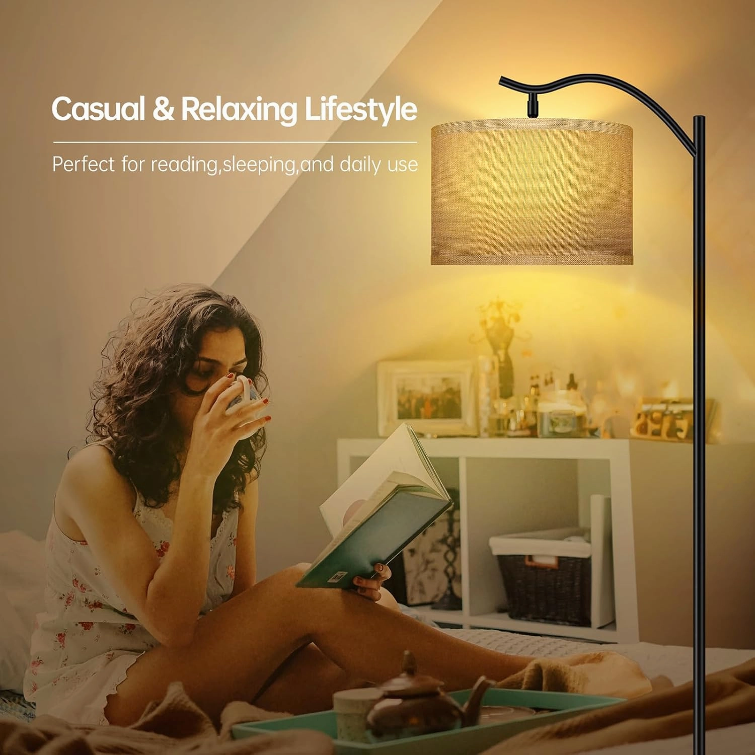BoostArea Floor Lamp for Living Room,9W LED Arched Lamp,Tall Modern Standing with Fabric Linen Shade,3 Brightness Levels,E26 Socket,Footswitch,Mid Century Bedrooms,Office B1316