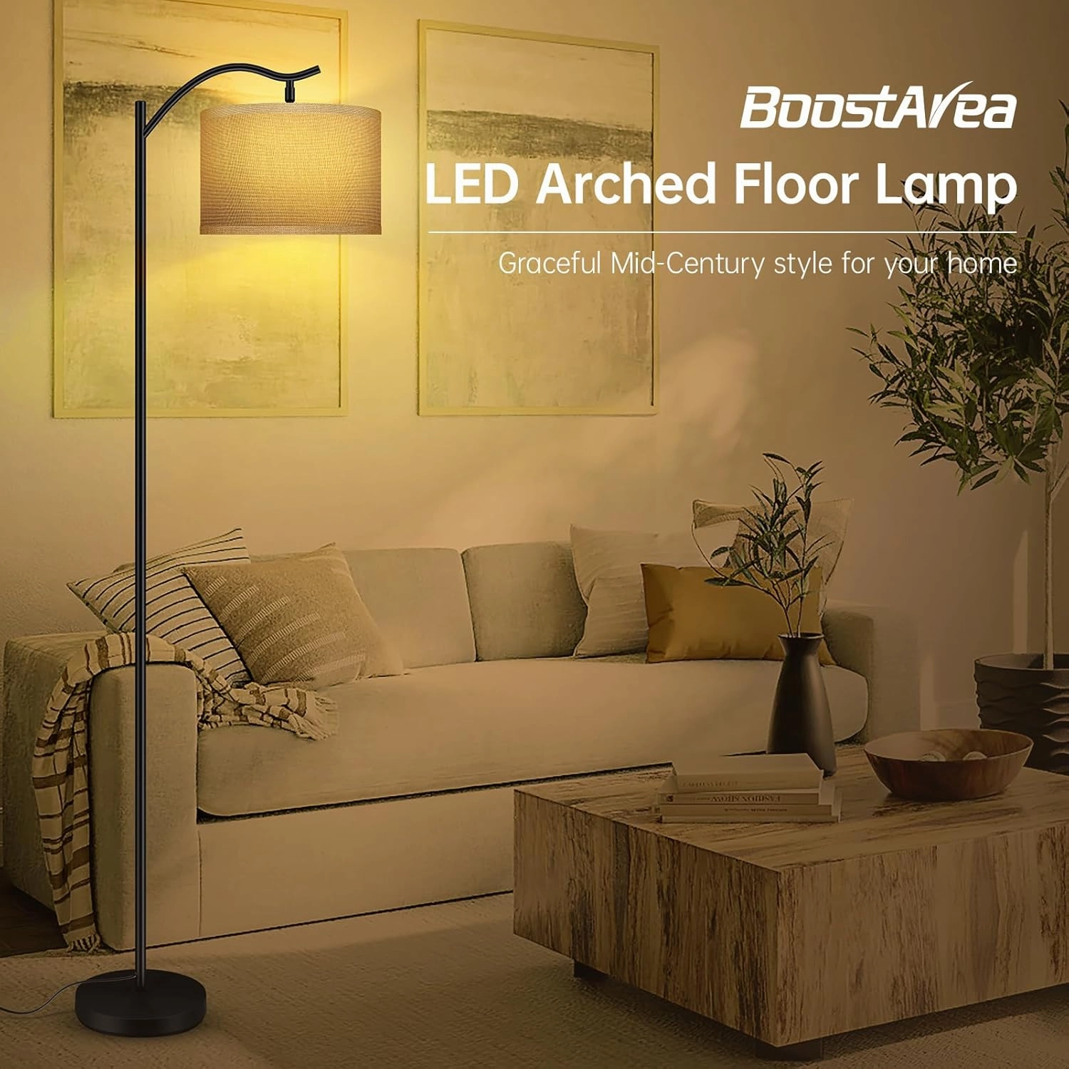 BoostArea Floor Lamp for Living Room,9W LED Arched Lamp,Tall Modern Standing with Fabric Linen Shade,3 Brightness Levels,E26 Socket,Footswitch,Mid Century Bedrooms,Office B1316