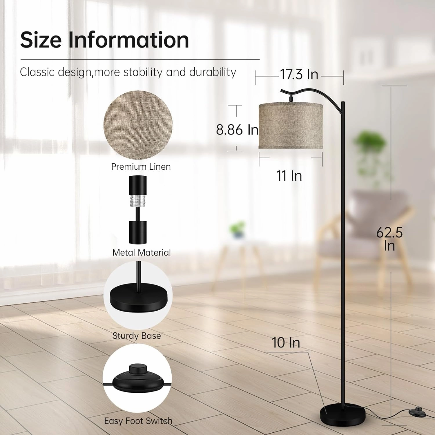 BoostArea Floor Lamp for Living Room,9W LED Arched Lamp,Tall Modern Standing with Fabric Linen Shade,3 Brightness Levels,E26 Socket,Footswitch,Mid Century Bedrooms,Office B1316