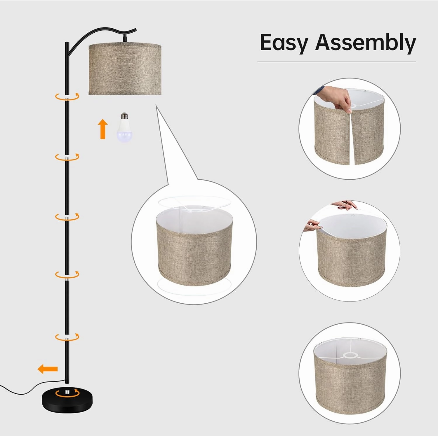 BoostArea Floor Lamp for Living Room,9W LED Arched Lamp,Tall Modern Standing with Fabric Linen Shade,3 Brightness Levels,E26 Socket,Footswitch,Mid Century Bedrooms,Office B1316