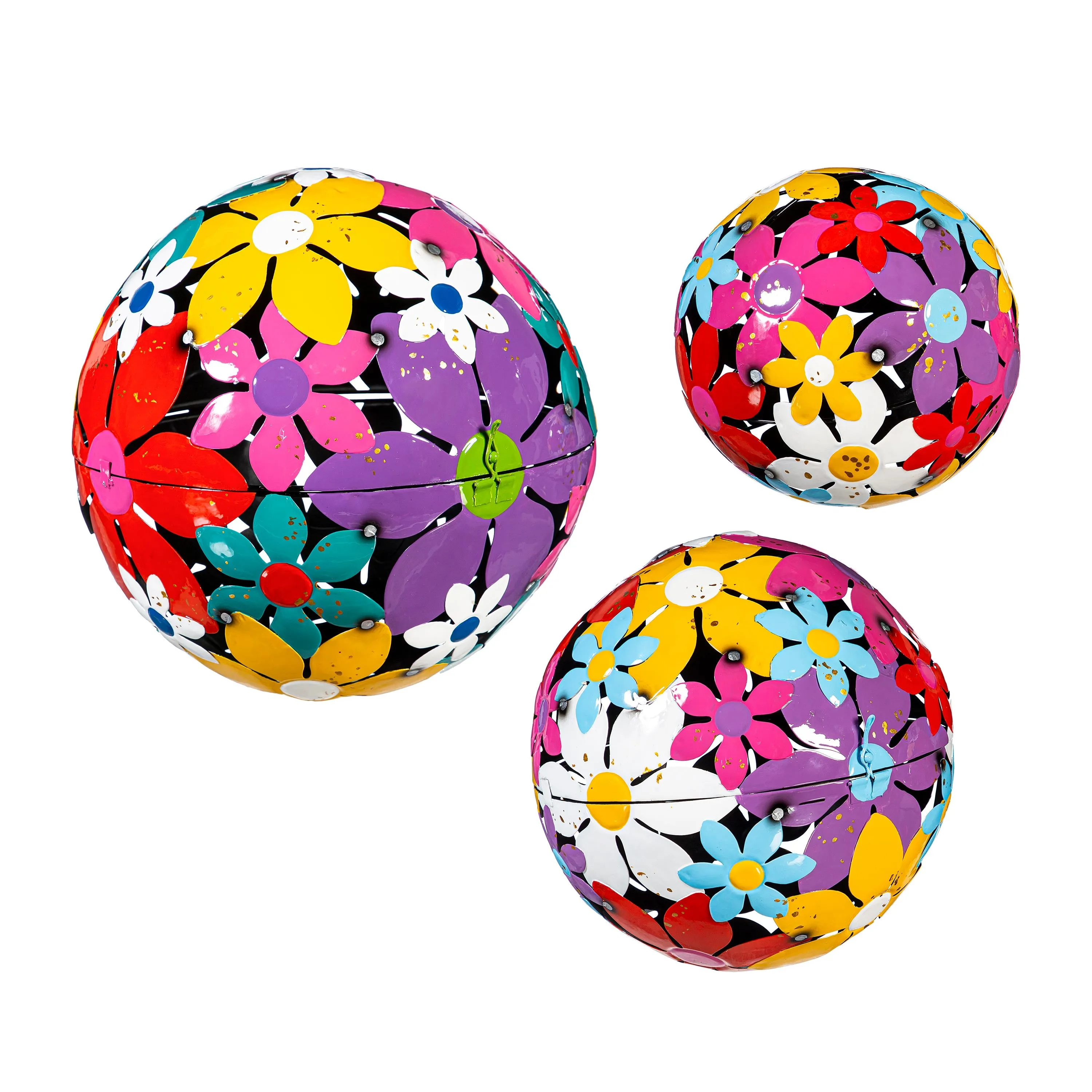 Bright Floral Decorative Metal Garden Balls Nested Set of 3