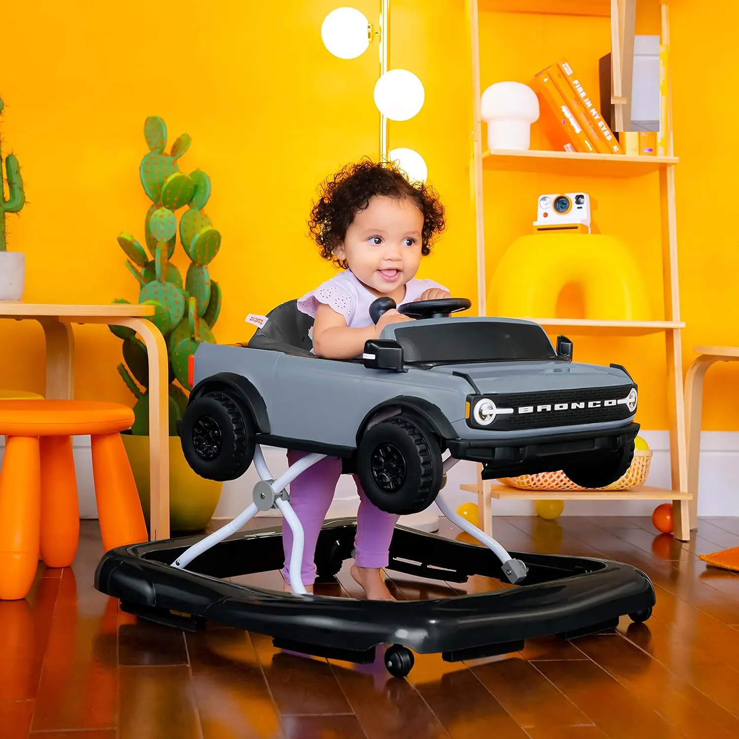 Bright Starts Ford Bronco 4-in-1 Blue Grey Baby Activity Center & Push Walker with Removable Interactive Steering Wheel -Toy, 6 Months and up