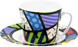 Britto Romero Bone China Espresso Cup & Saucer, 3.3 oz, Colorful Landscape, Abstract Artwork Design