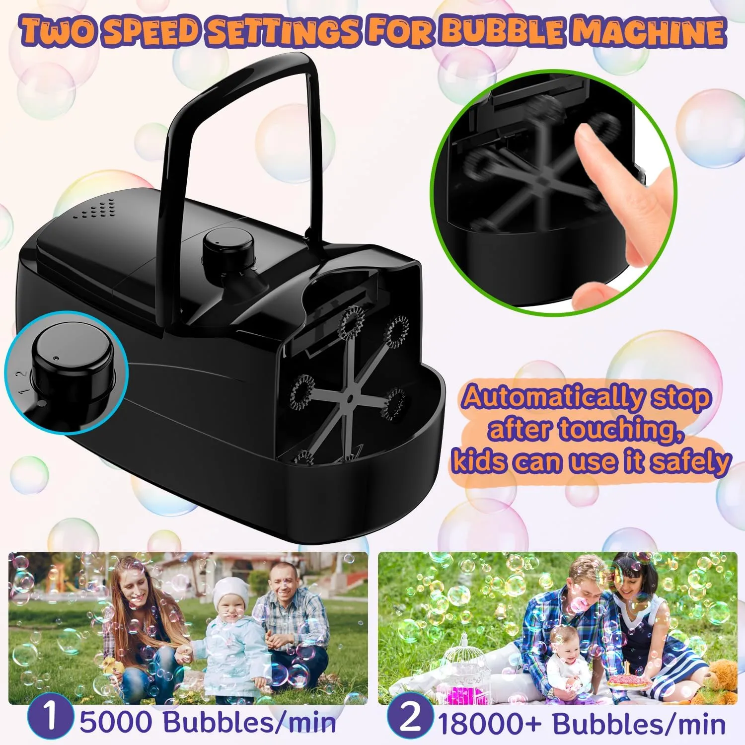 Bubble Machine, Automatic 18000  Per Minute Big Bubbles Blower Maker for Kids Toddlers with 2 Speeds,6 Wands,Operated by Plugin or Batteries for Outdoor/Indoor Birthday Parties,Wedding (Black)