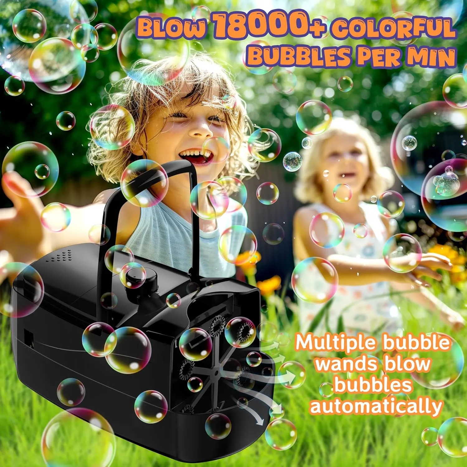 Bubble Machine, Automatic 18000  Per Minute Big Bubbles Blower Maker for Kids Toddlers with 2 Speeds,6 Wands,Operated by Plugin or Batteries for Outdoor/Indoor Birthday Parties,Wedding (Black)