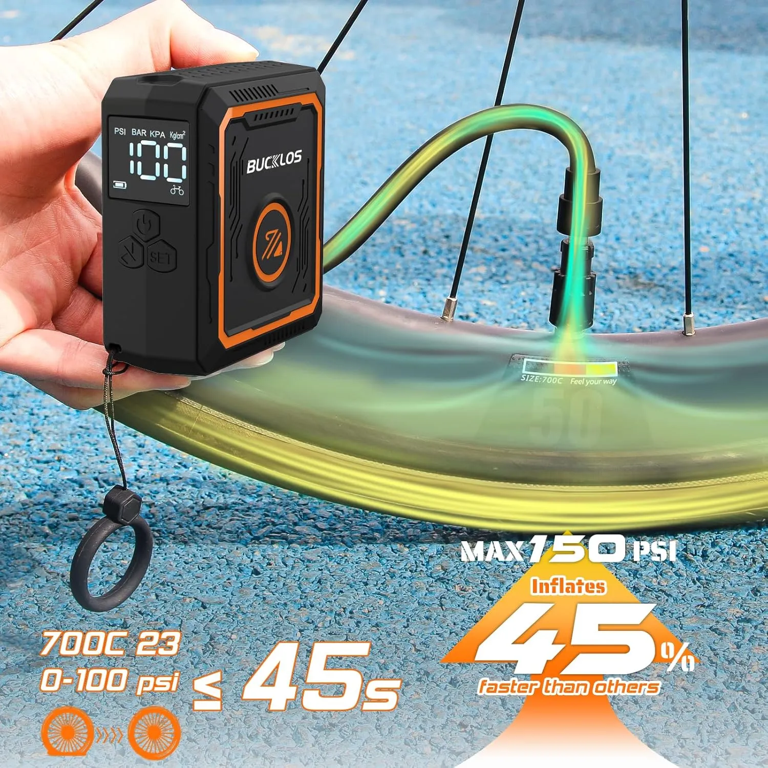 BUCKLOS Mini Bike Pump Electric Portable Max 150PSI with Digital Pressure Gauge, Tiny Bicycle Tire Pump Auto Stop, Rechargeable Air Pumps, Presta and Schrader Valve for Road Mountain Bike, E-Bike