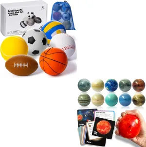 Bundle of Solar System Stress Ball Play Set (11 Balls & 12 Flashcards) and Mini Sports Foam Ball Set (6 Assorted Balls)