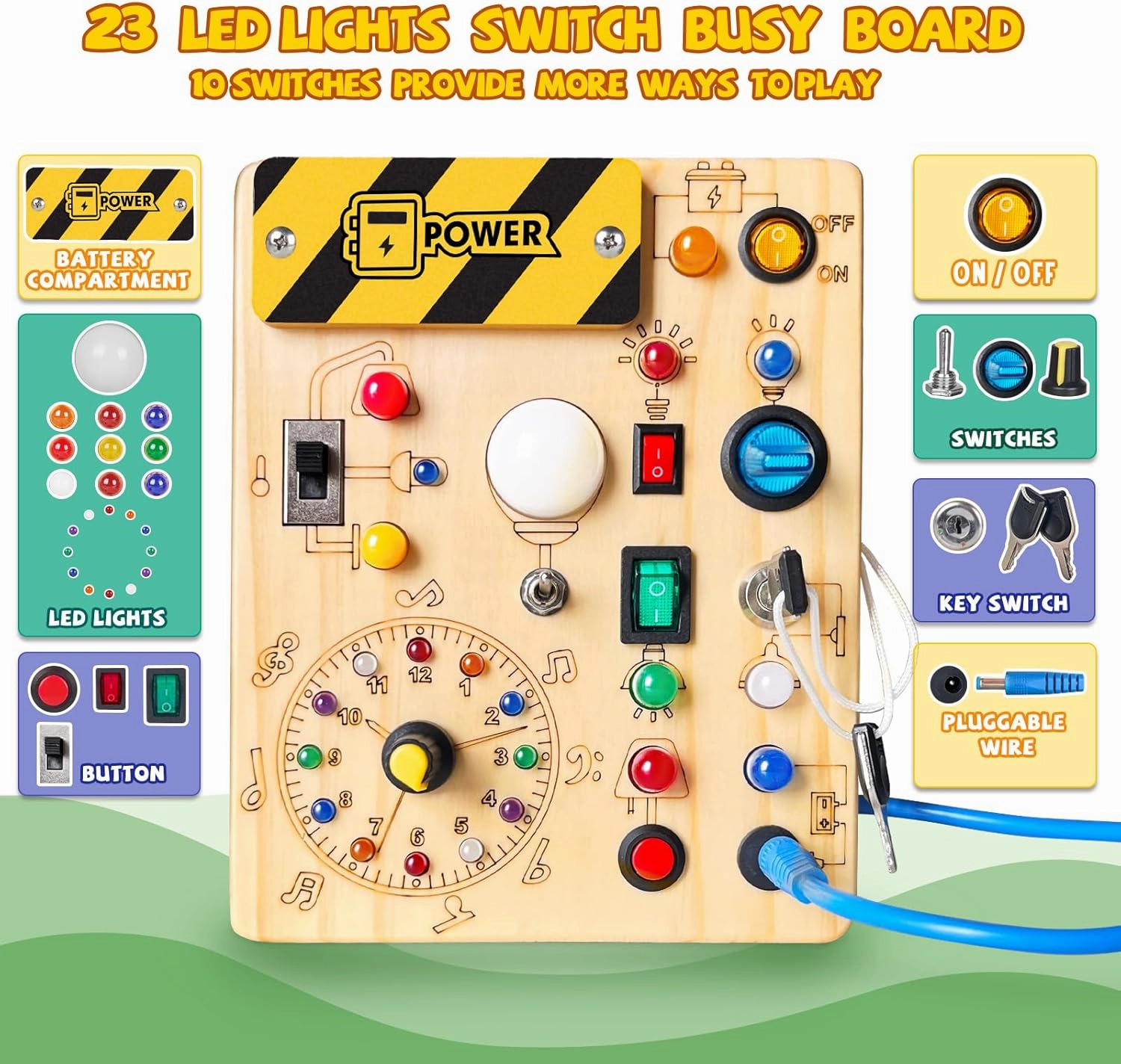 Busy Board, Montessori Toy for 1-3 Years Old, Wooden Toddler Sensory Travel Toy, Ideal Gift for 1  Year Old Boys (Busy Board Plus V2), Medium, Yellow