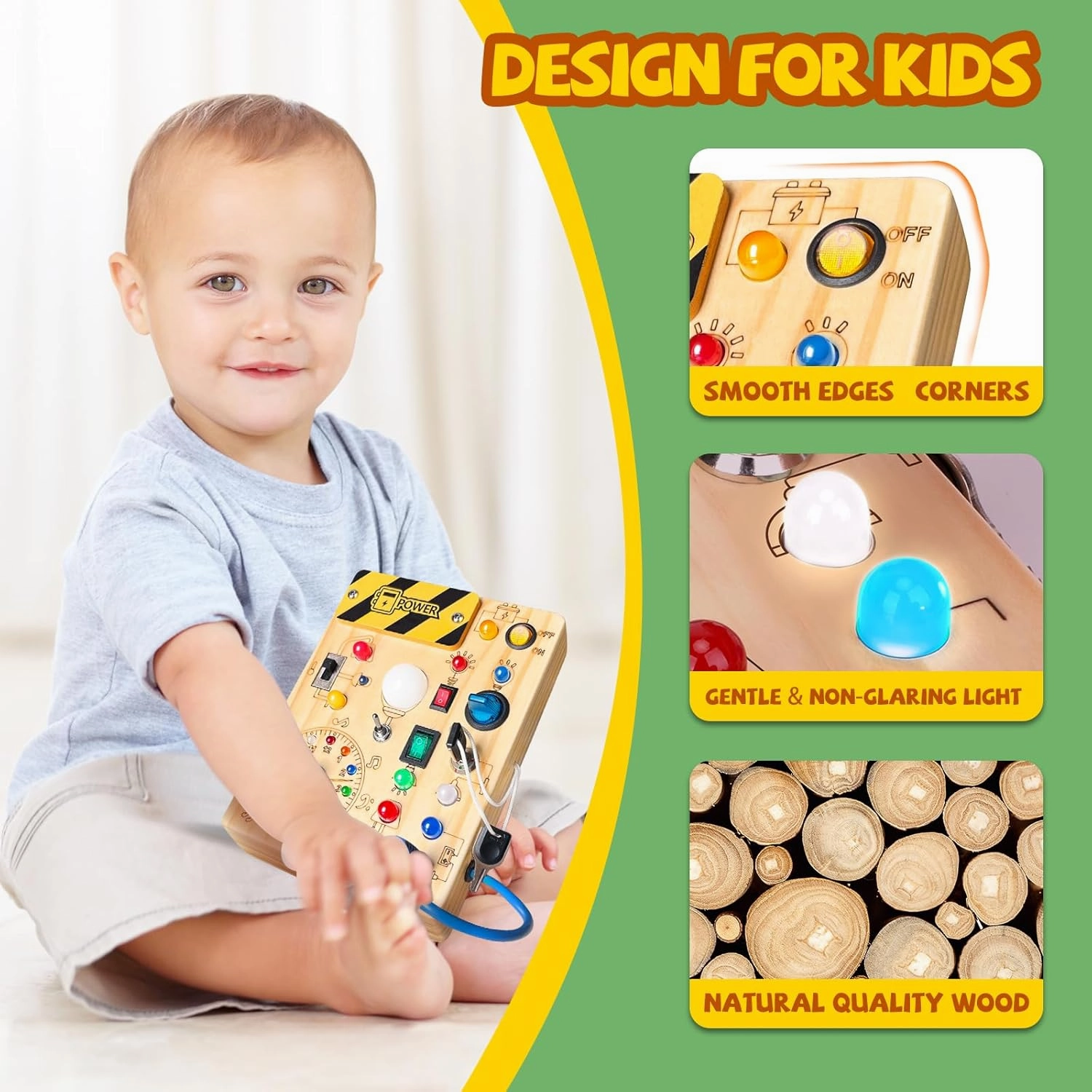 Busy Board, Montessori Toy for 1-3 Years Old, Wooden Toddler Sensory Travel Toy, Ideal Gift for 1  Year Old Boys (Busy Board Plus V2), Medium, Yellow