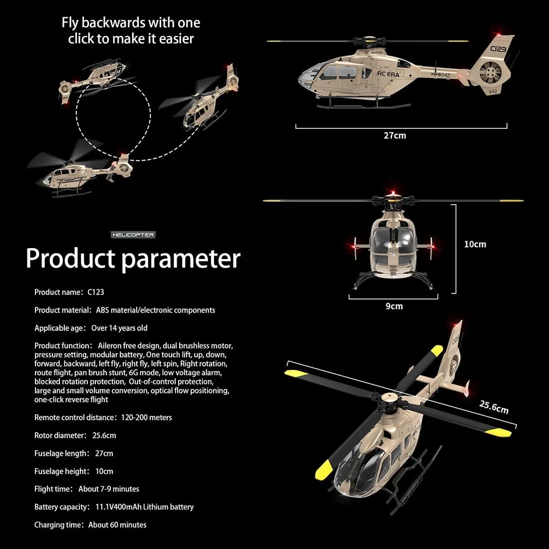 C123 RC Helicopter EC135 Remote Control Helicopter for Adults, 1:36 6CH 2.4GHz RTF RC Aircraft with 6-Axis Gyro, Altitude Hold, One Key Take Off/Landing for Beginners (Champagne(3 Batteries)