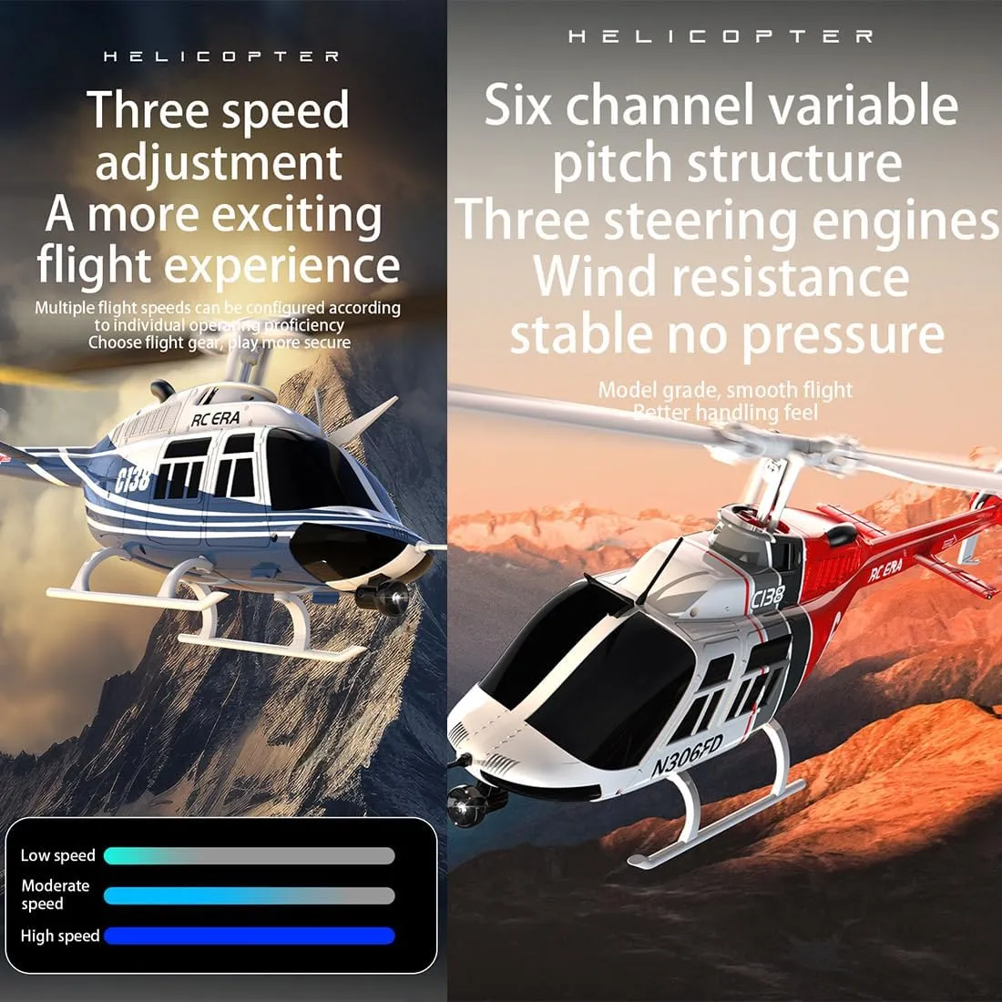 C138 Bell206 Remote Control Helicopter for Adults, 1:33 RC Helicopter 2.4G 6CH RTF Single Propeller Aileron Free, Six-axis Gyroscope, Modular Battery, One-Touch Function (2 Batteries)