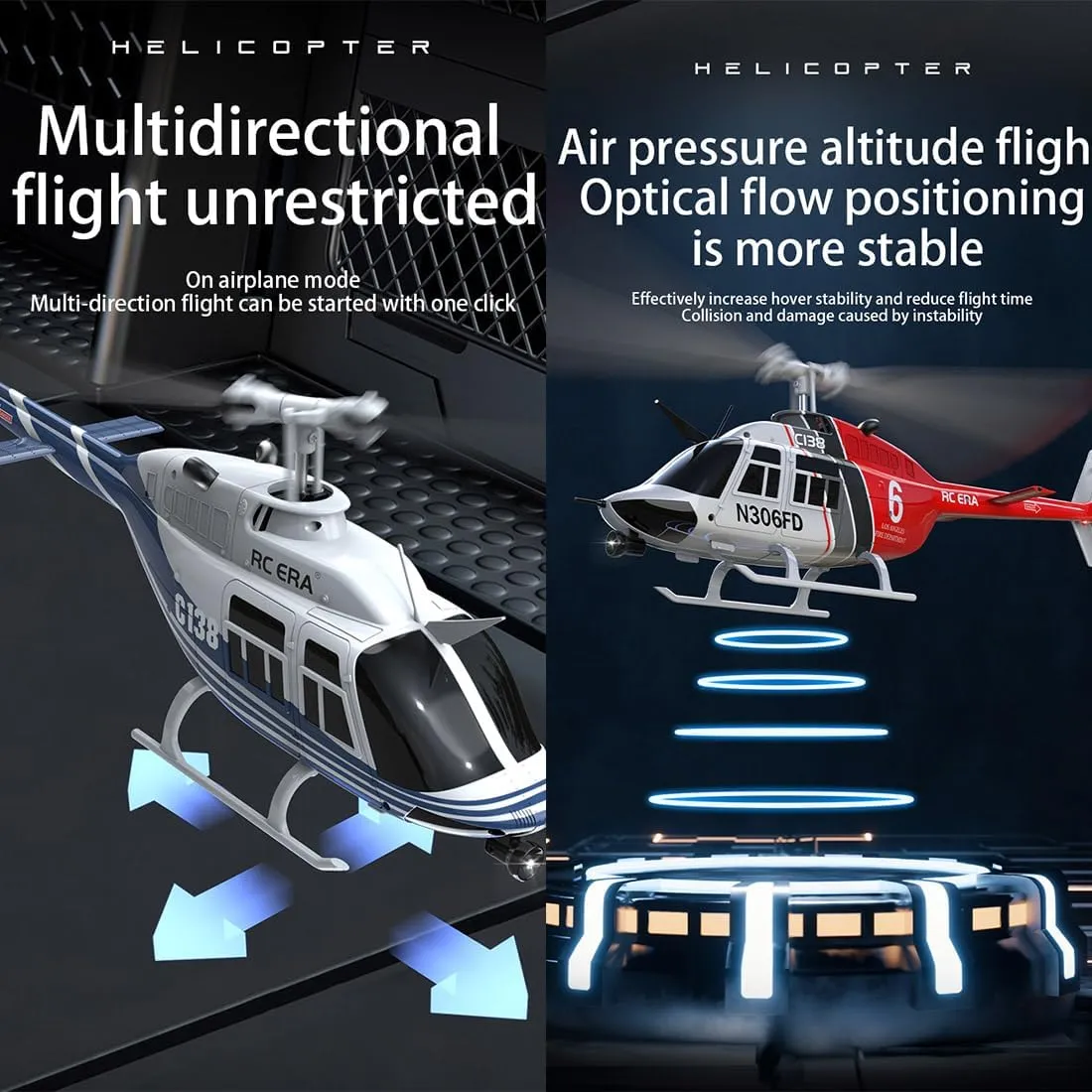 C138 Bell206 Remote Control Helicopter for Adults, 1:33 RC Helicopter 2.4G 6CH RTF Single Propeller Aileron Free, Six-axis Gyroscope, Modular Battery, One-Touch Function (2 Batteries)