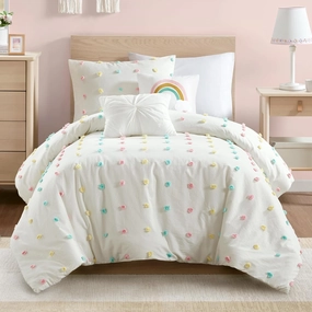 Callie Cotton Jacquard Weave Colorful Pom Pom Kids Comforter sets, Down Alternative Shabby Chic All Season Girls Bedding, Bedroom Decor, Twin/Twin XL, Ivory 4 Piece