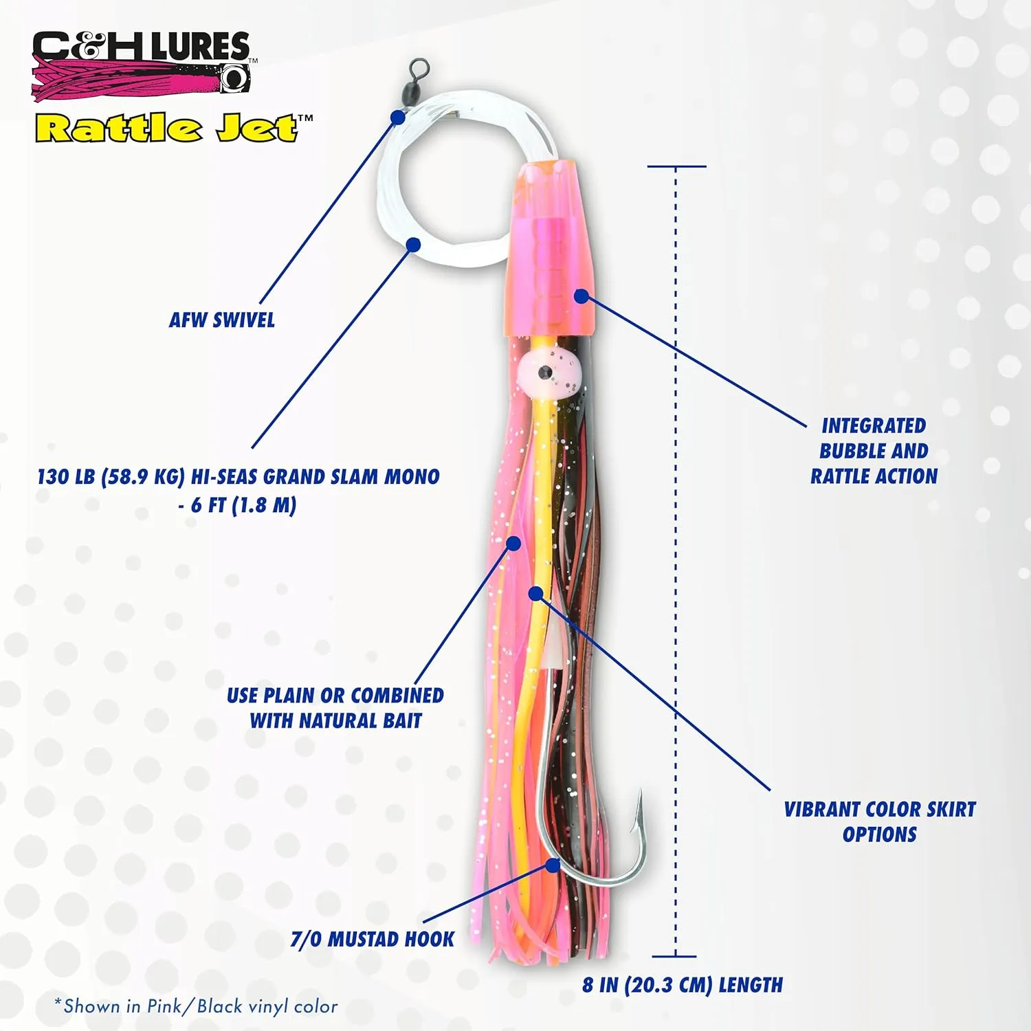 C&H, Rattle Jet XL Rigged & Ready, 8/0 Mustad Hook, AFW Swivel, 130 lb / 58.9 kg Grand Slam Mono Line, 6 ft / 1.8 m
