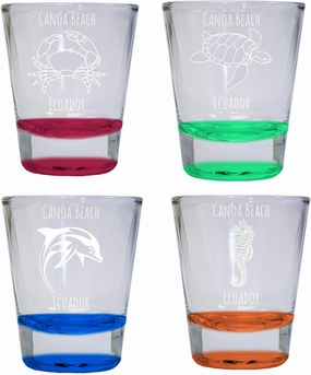 Canoa Beach Ecuador Souvenir Round Shot Glass 4-Pack Red, Green, Blue, and Orange one of each