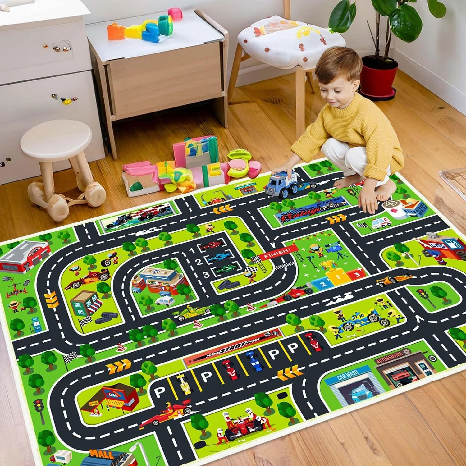 Car Play Mat for Boys and Girls, Non-Slip Kids Play Rug for Toy Cars