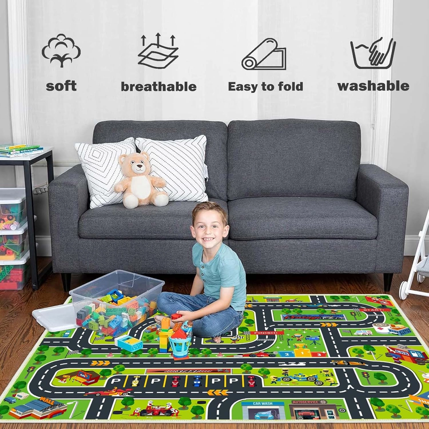 Car Play Mat for Boys and Girls, Non-Slip Kids Play Rug for Toy Cars