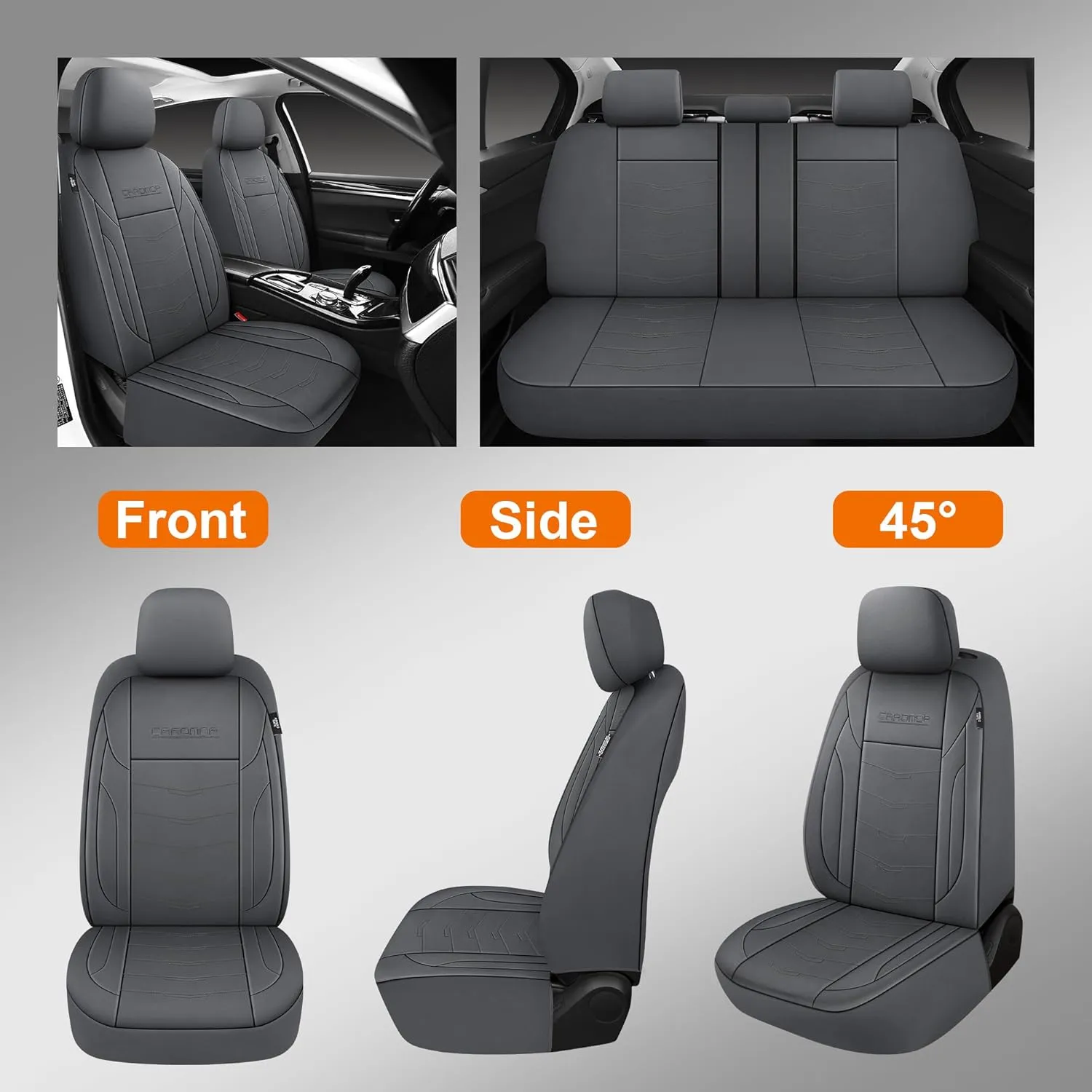 CAROMOP Premium PU Leather Car Seat Covers 2 Front Set,Waterproof Stain-Resistant Seat Covers for Cars, Universal Car Interior Covers Seat Protectors for Sedans SUVs Pick-up Trucks(Gray)