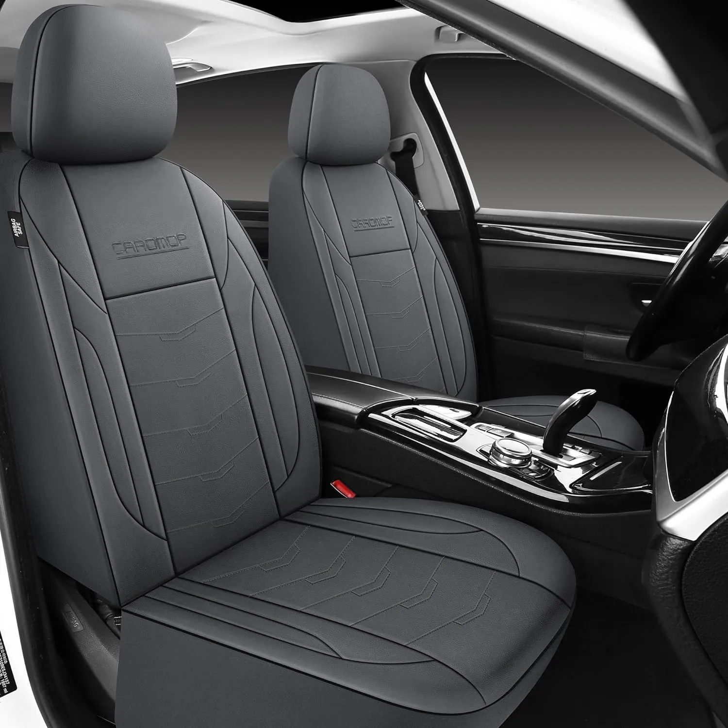 CAROMOP Premium PU Leather Car Seat Covers 2 Front Set,Waterproof Stain-Resistant Seat Covers for Cars, Universal Car Interior Covers Seat Protectors for Sedans SUVs Pick-up Trucks(Gray)