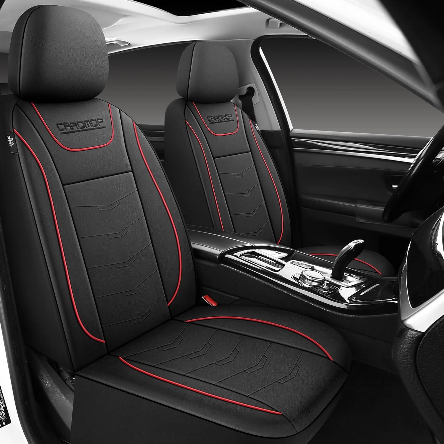 CAROMOP Luxury PU Leather Car Seat Covers 2 Front Set,Waterproof Faux Leather Automotive Seat Covers for Cars,Universal Car Interior Covers Seat Protectors for Sedans SUVs Pick-up Trucks(Black/Red)