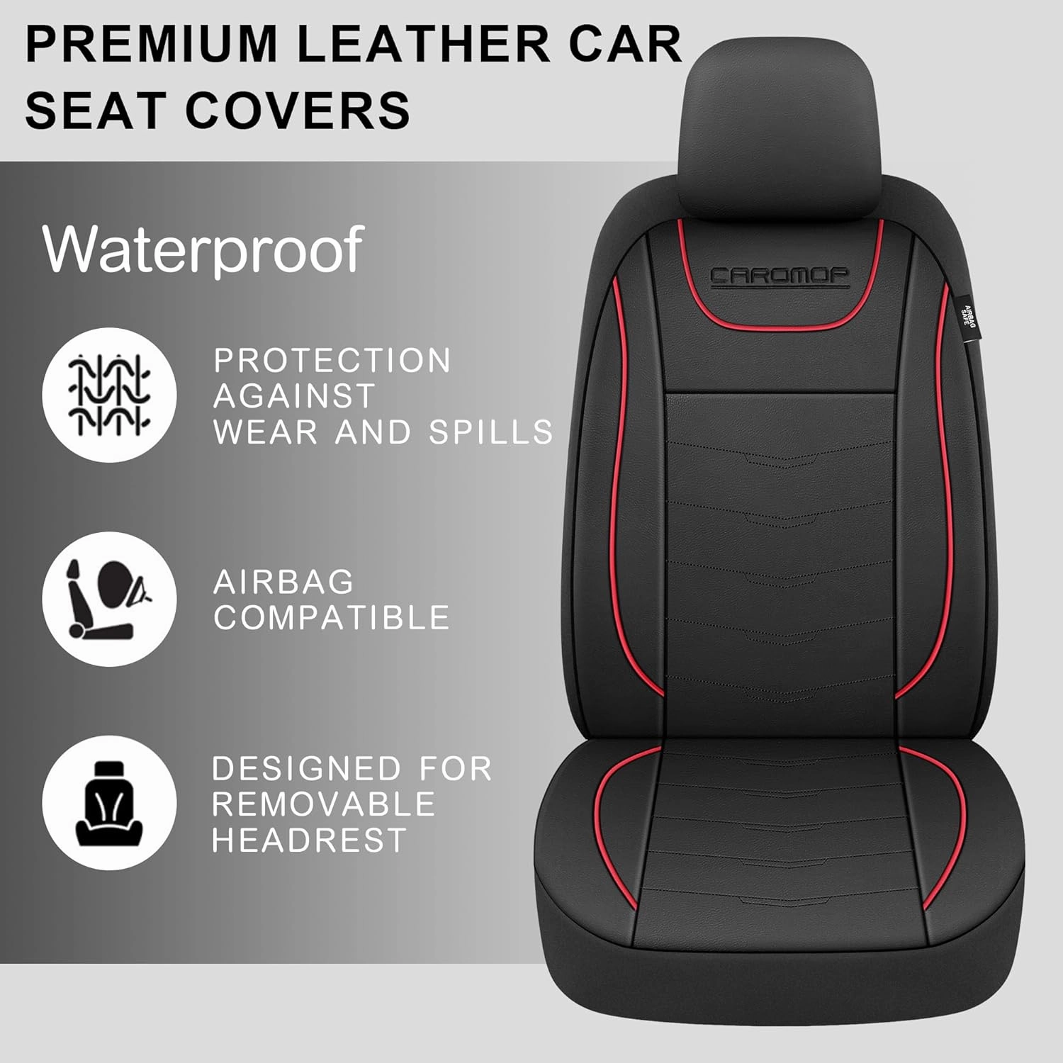 CAROMOP Luxury PU Leather Car Seat Covers 2 Front Set,Waterproof Faux Leather Automotive Seat Covers for Cars,Universal Car Interior Covers Seat Protectors for Sedans SUVs Pick-up Trucks(Black/Red)