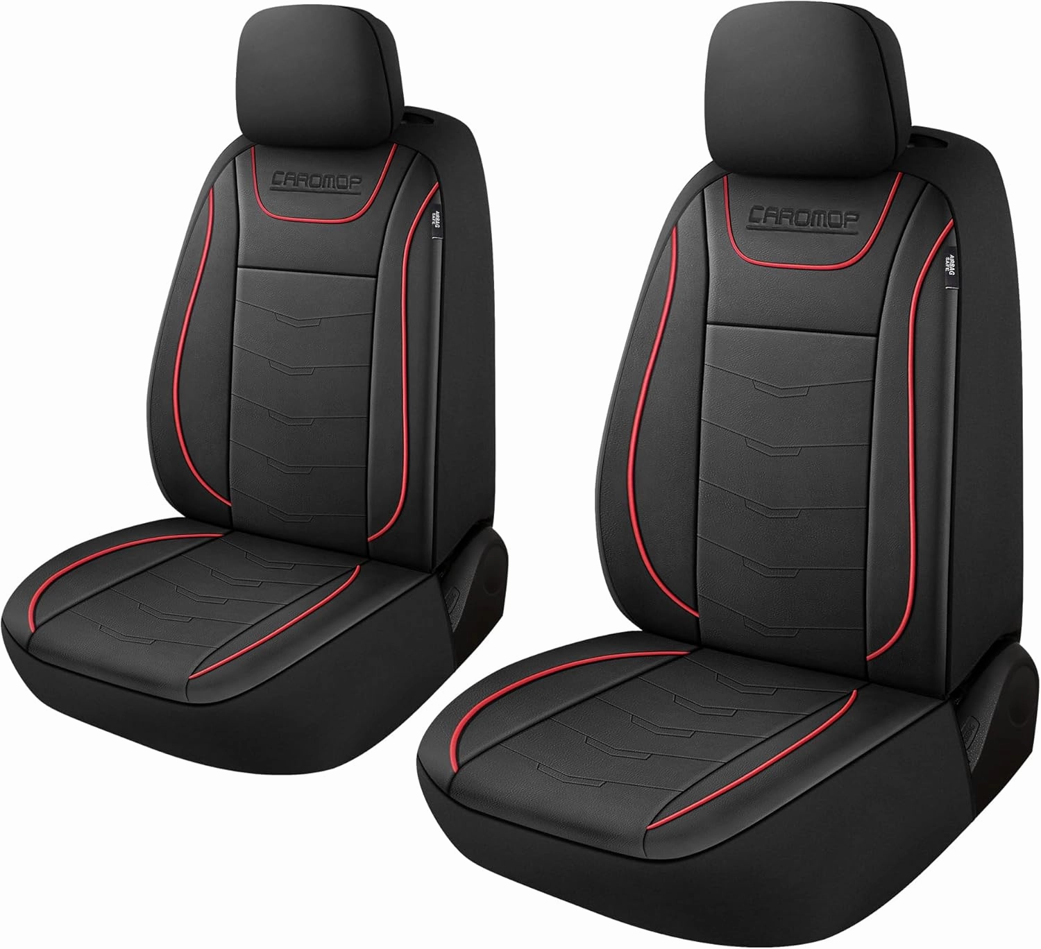 CAROMOP Luxury PU Leather Car Seat Covers 2 Front Set,Waterproof Faux Leather Automotive Seat Covers for Cars,Universal Car Interior Covers Seat Protectors for Sedans SUVs Pick-up Trucks(Black/Red)