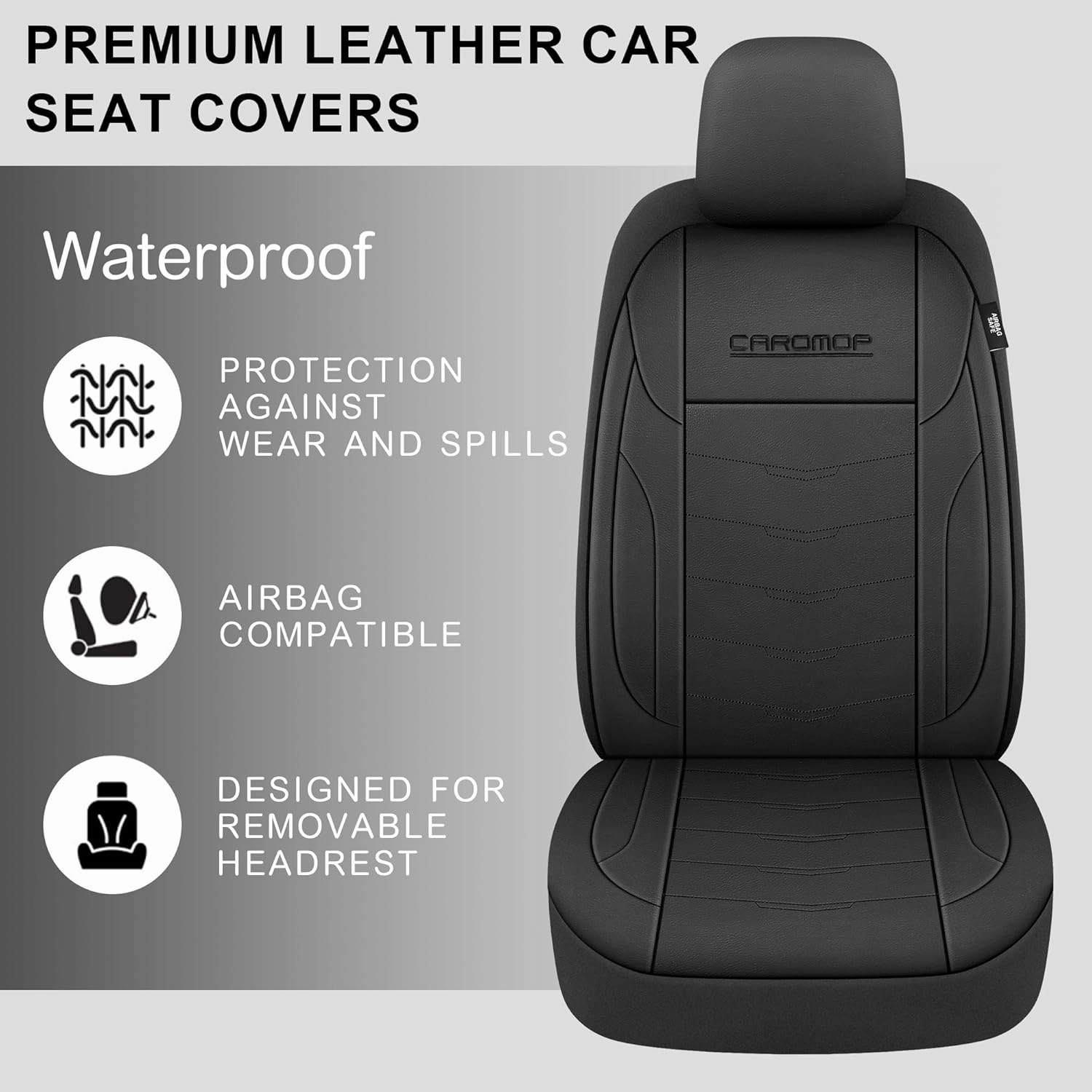 CAROMOP Premium PU Leather Car Seat Covers 2 Front Set,Waterproof Stain-Resistant Seat Covers for Cars, Universal Car Interior Covers Seat Protectors for Sedans SUVs Pick-up Trucks(Black)
