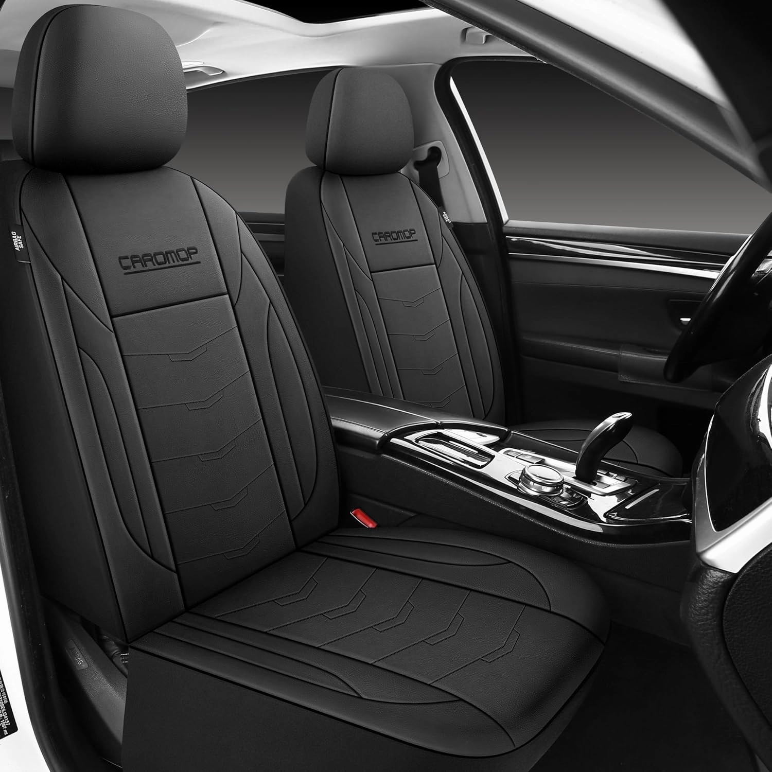 CAROMOP Premium PU Leather Car Seat Covers 2 Front Set,Waterproof Stain-Resistant Seat Covers for Cars, Universal Car Interior Covers Seat Protectors for Sedans SUVs Pick-up Trucks(Black)