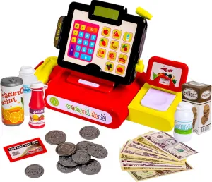 Cash Register Pretend Play Toy Kids Grocery Store Set with Food, Money, Electric Lights, Calculator, and Sounds- 27 Piece Big Mo's Toys