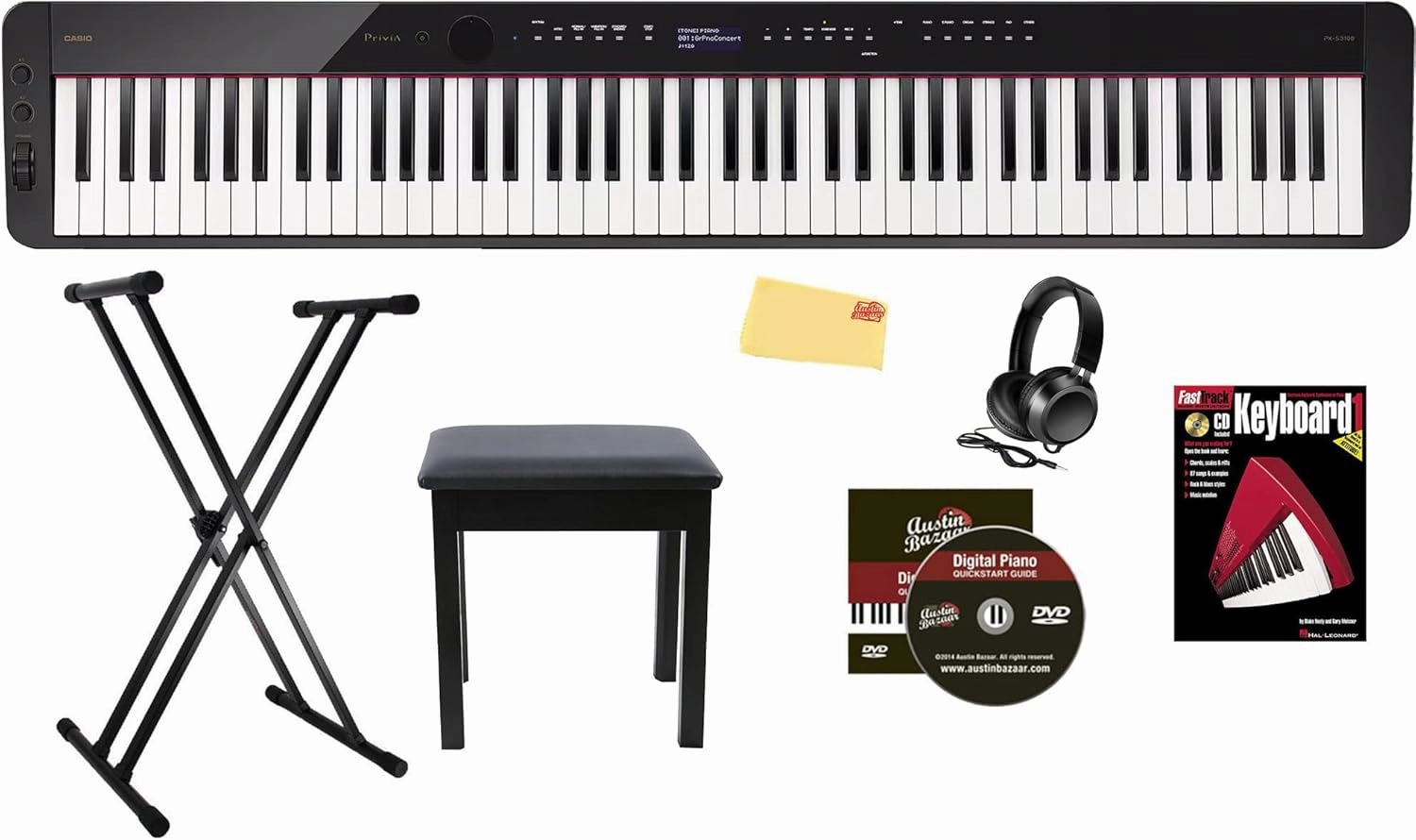 Casio Privia PX-S3100 Digital Piano - Black Bundle with Adjustable Stand, Bench, Headphones, Instructional Book, Online Lessons, Instructional DVD, and Austin Bazaar Polishing Cloth