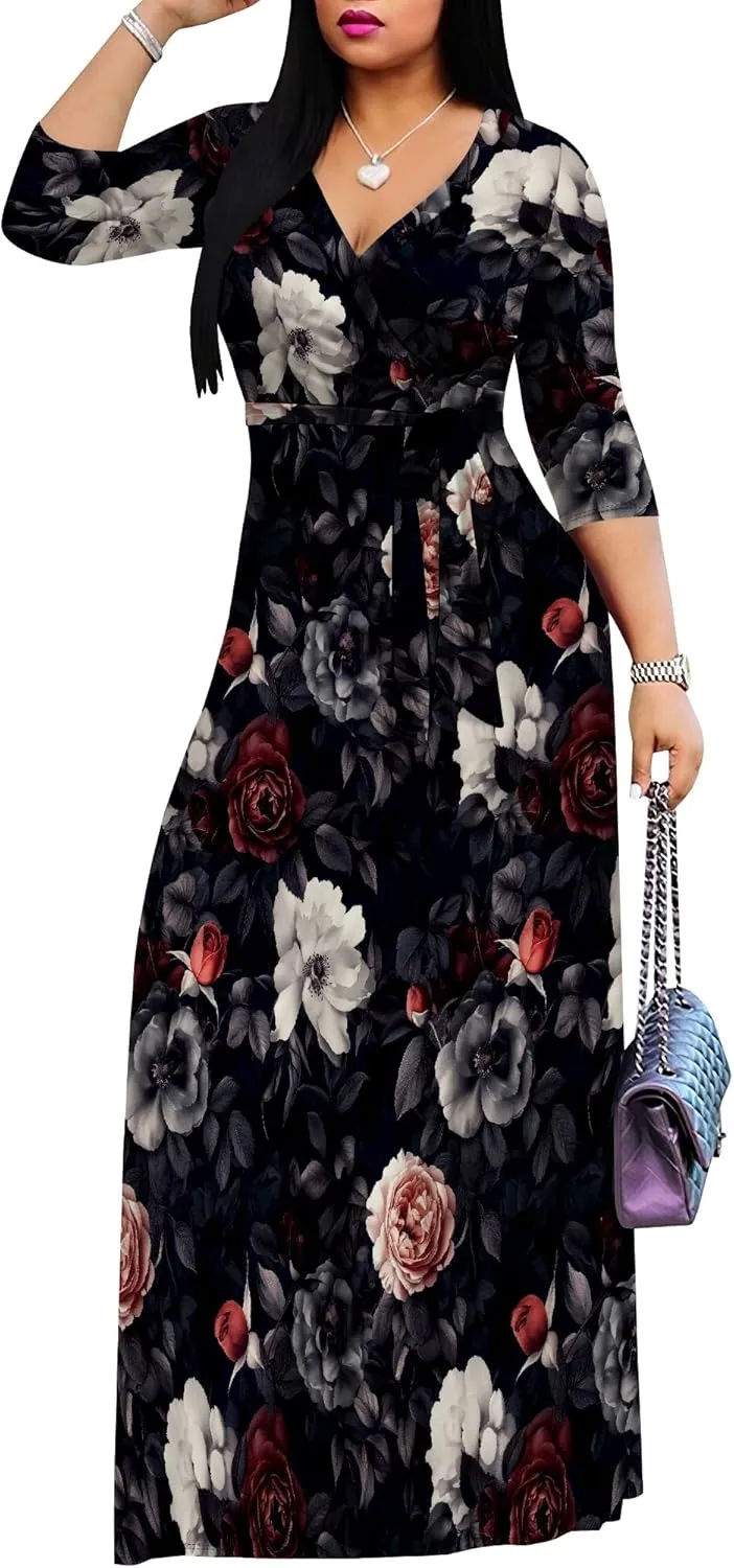 Casual V Neck Maxi Dresses for Women 2025 - Floral Print Summer 3/4 Sleeve Wrap Sundress with Belt