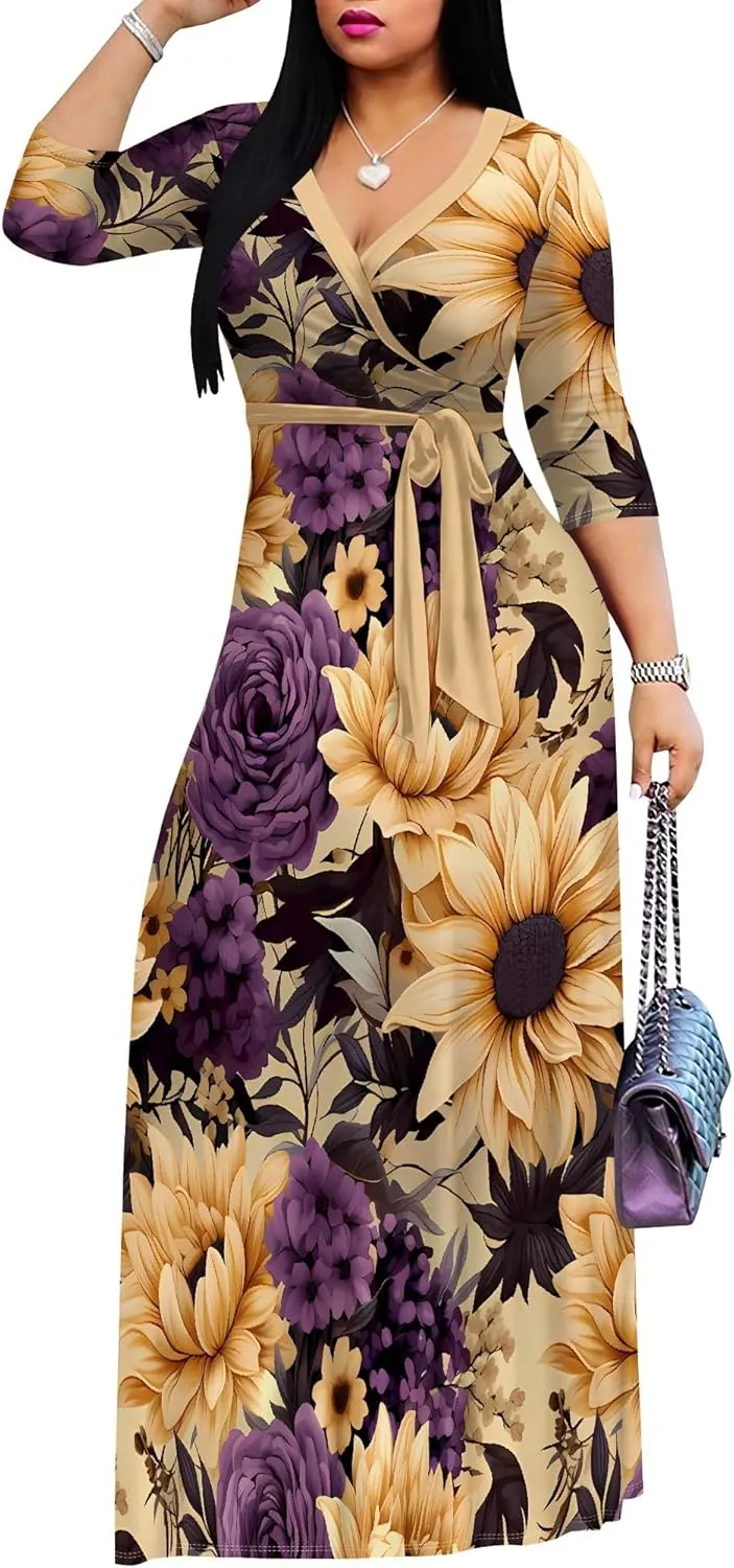 Casual V Neck Maxi Dresses for Women 2025 - Floral Print Summer 3/4 Sleeve Wrap Sundress with Belt