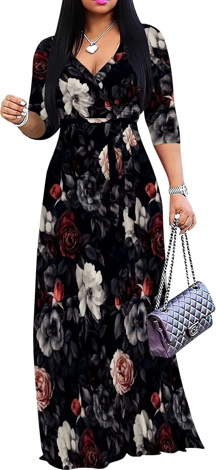 Casual V Neck Maxi Dresses for Women 2025 - Floral Print Summer 3/4 Sleeve Wrap Sundress with Belt