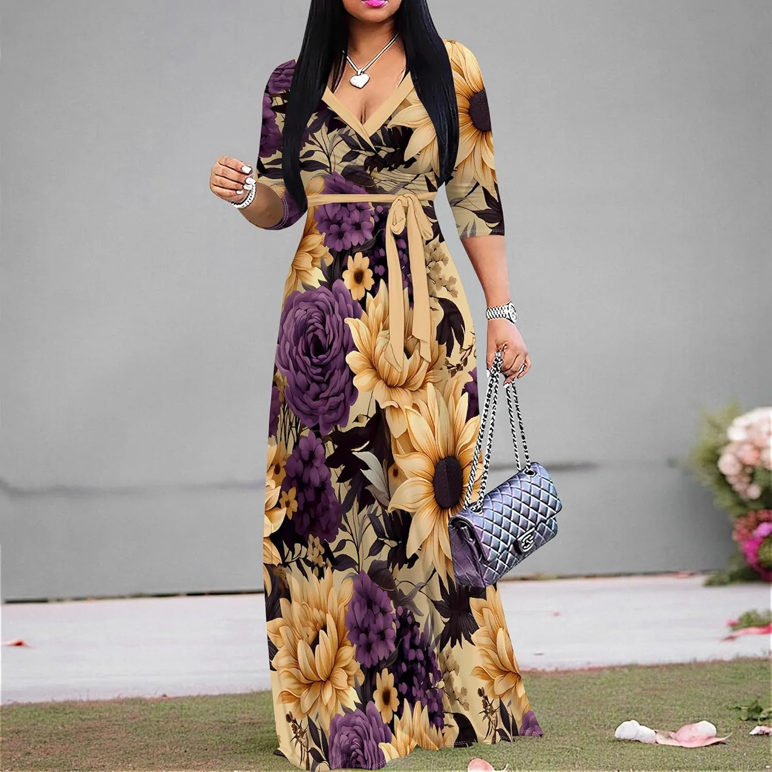 Casual V Neck Maxi Dresses for Women 2025 - Floral Print Summer 3/4 Sleeve Wrap Sundress with Belt