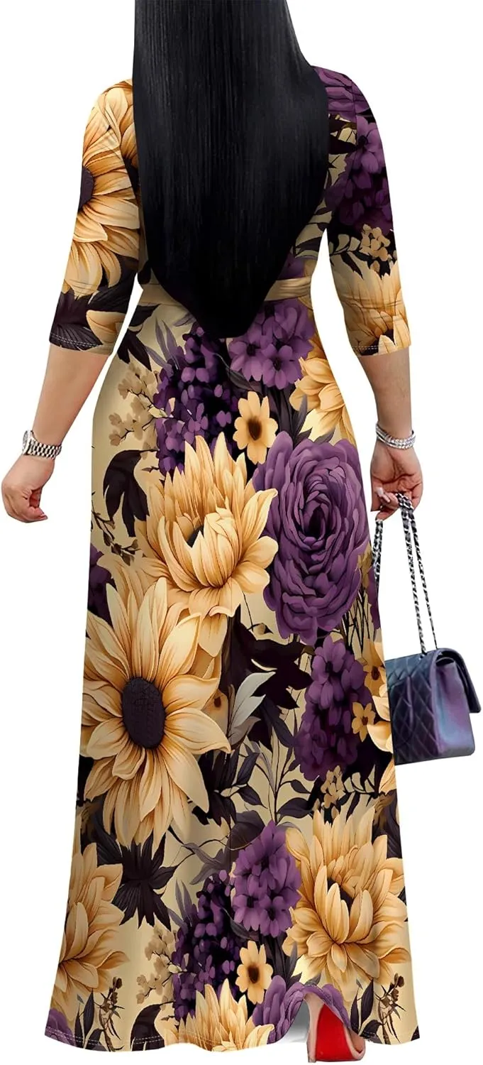Casual V Neck Maxi Dresses for Women 2025 - Floral Print Summer 3/4 Sleeve Wrap Sundress with Belt